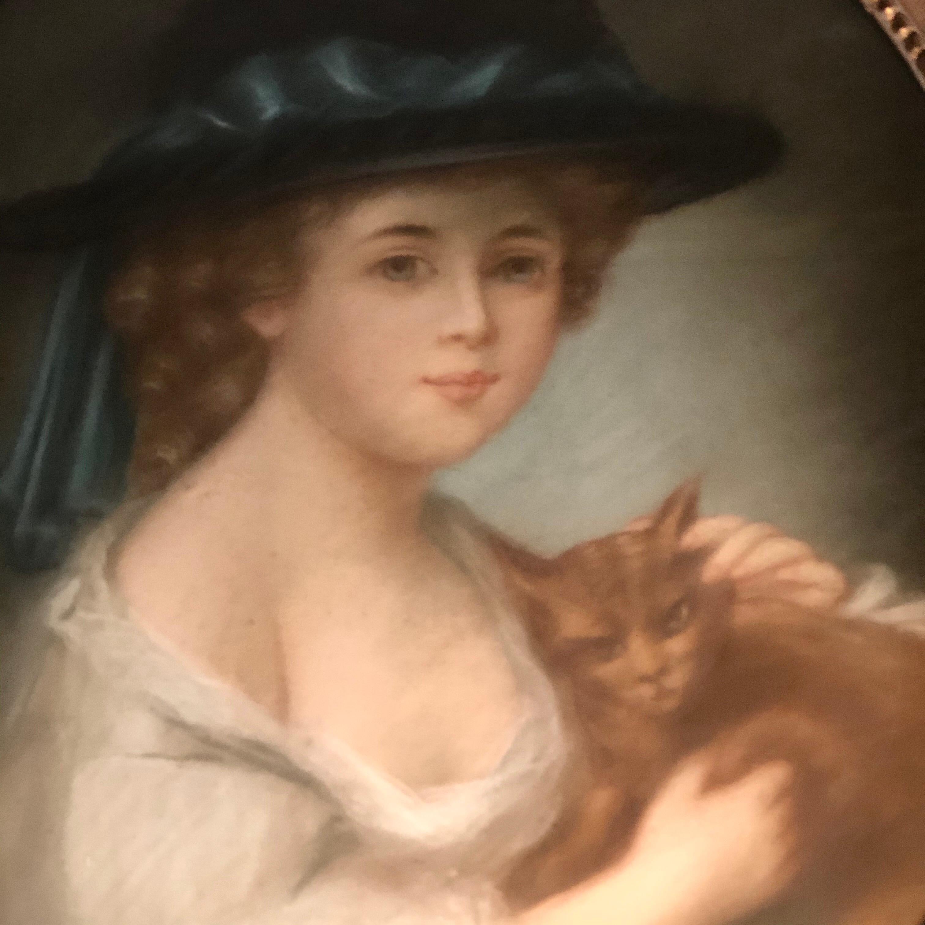 French Antique Pastel Painting of Young Girl with Hat Holding Her Cat Signed Drouet For Sale