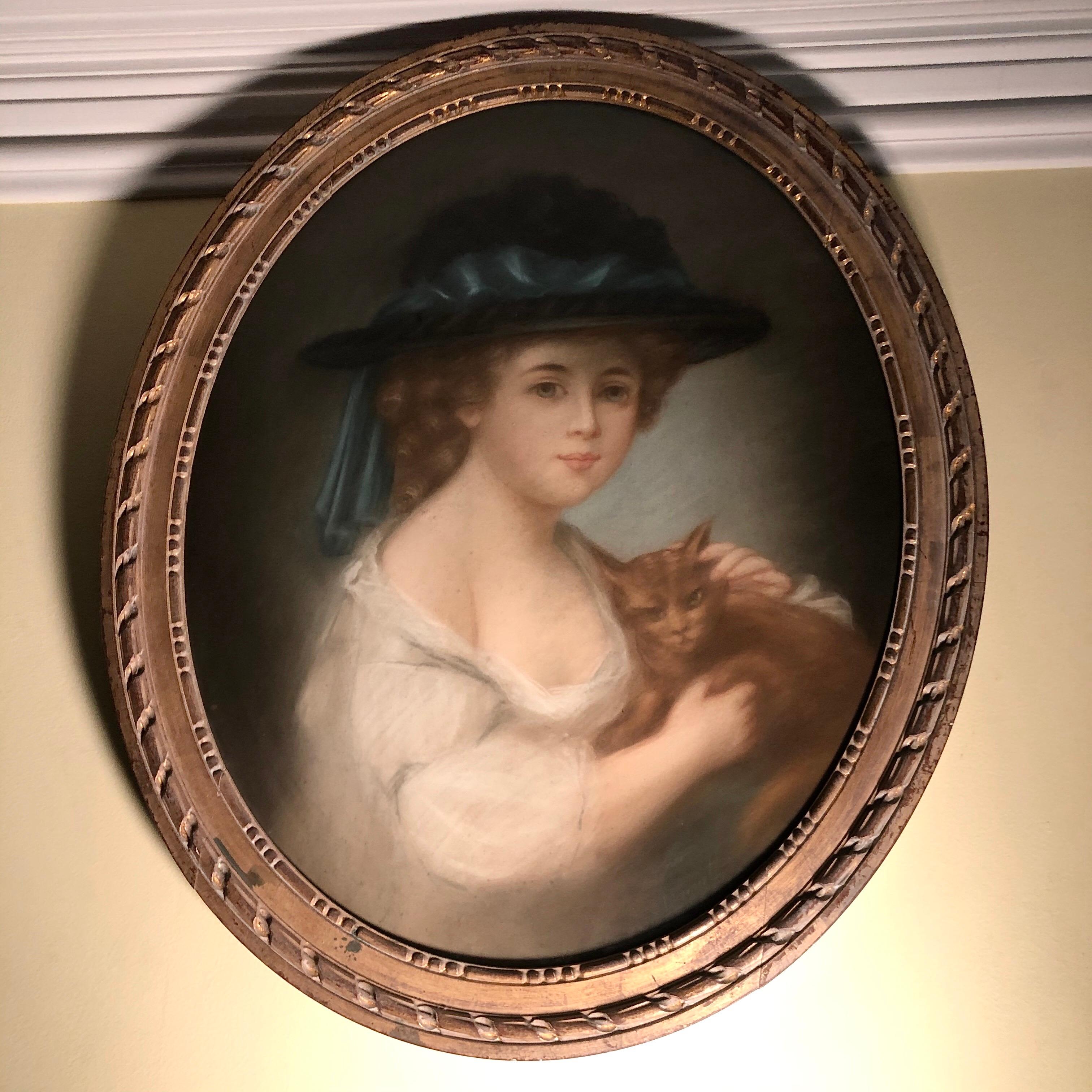 Hand-Painted Antique Pastel Painting of Young Girl with Hat Holding Her Cat Signed Drouet For Sale
