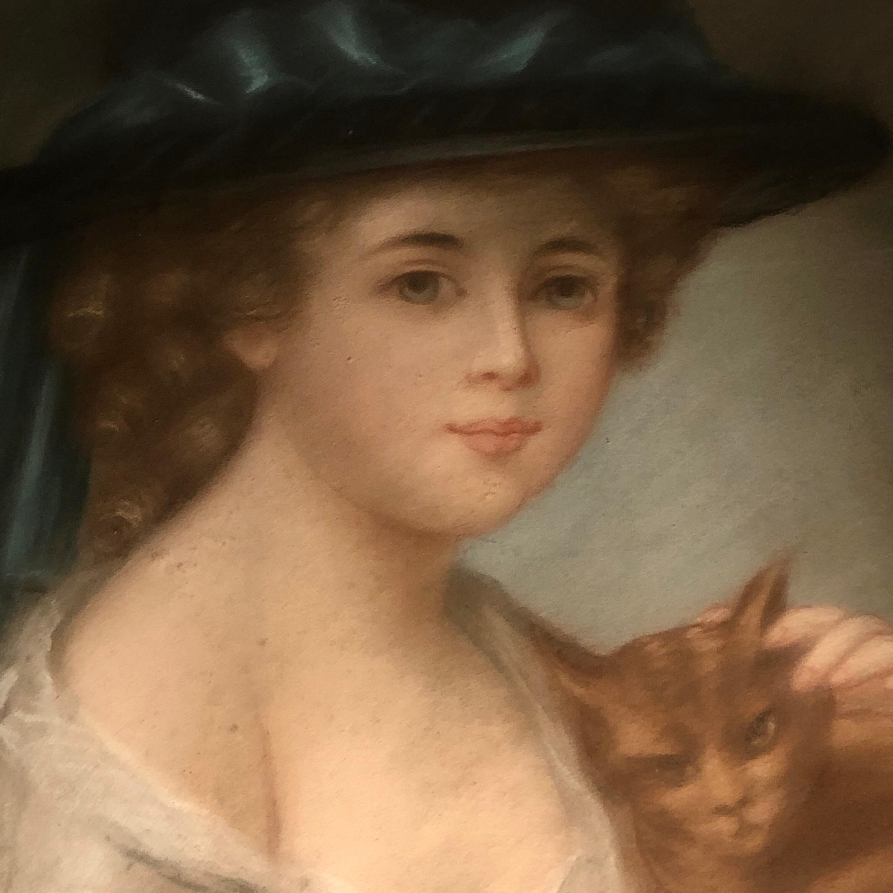 Antique Pastel Painting of Young Girl with Hat Holding Her Cat Signed Drouet In Good Condition For Sale In Boston, MA