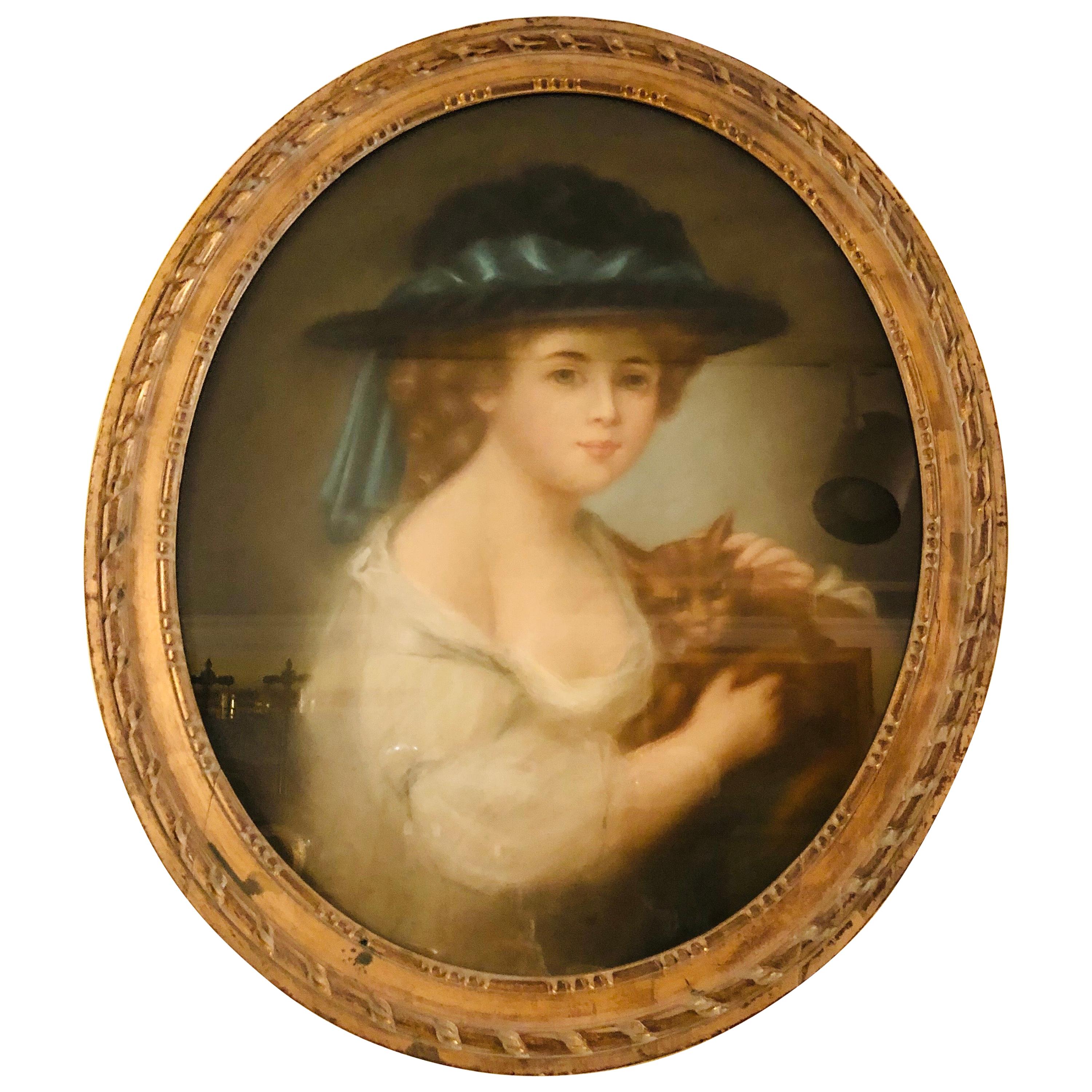Antique Pastel Painting of Young Girl with Hat Holding Her Cat Signed Drouet