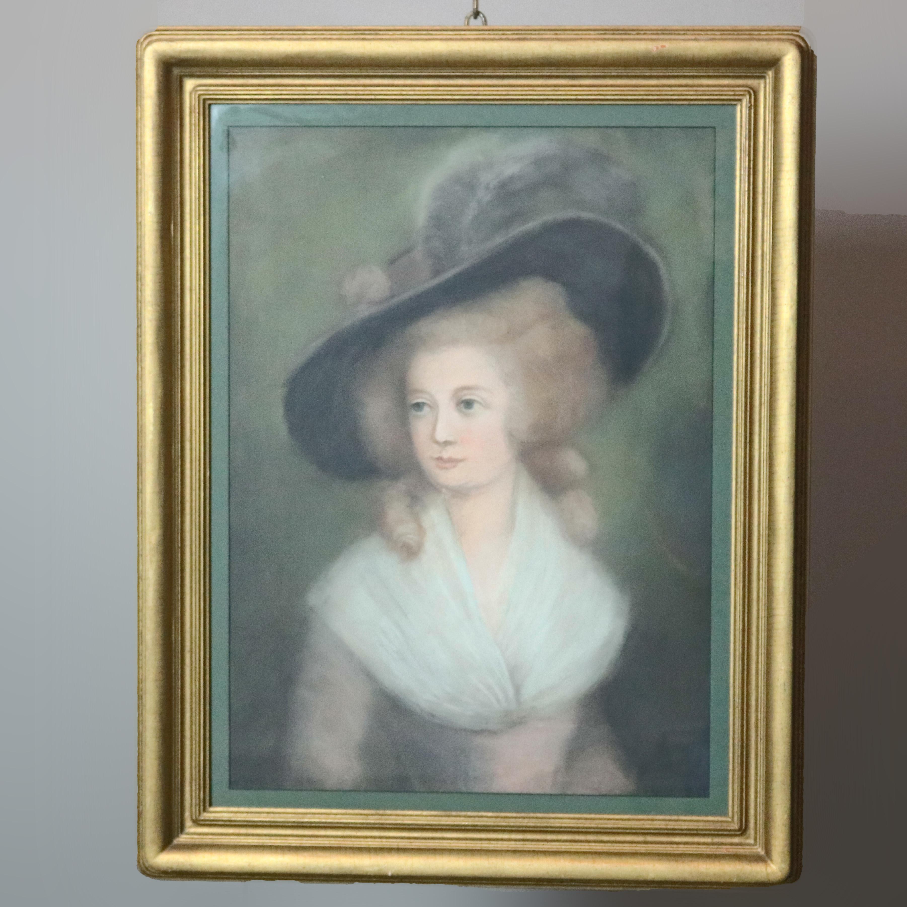 European Antique Pastel Portrait Painting of Victorian Woman in Hat, 20th Century