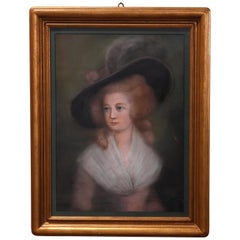 Vintage Pastel Portrait Painting of Victorian Woman in Hat, 20th Century