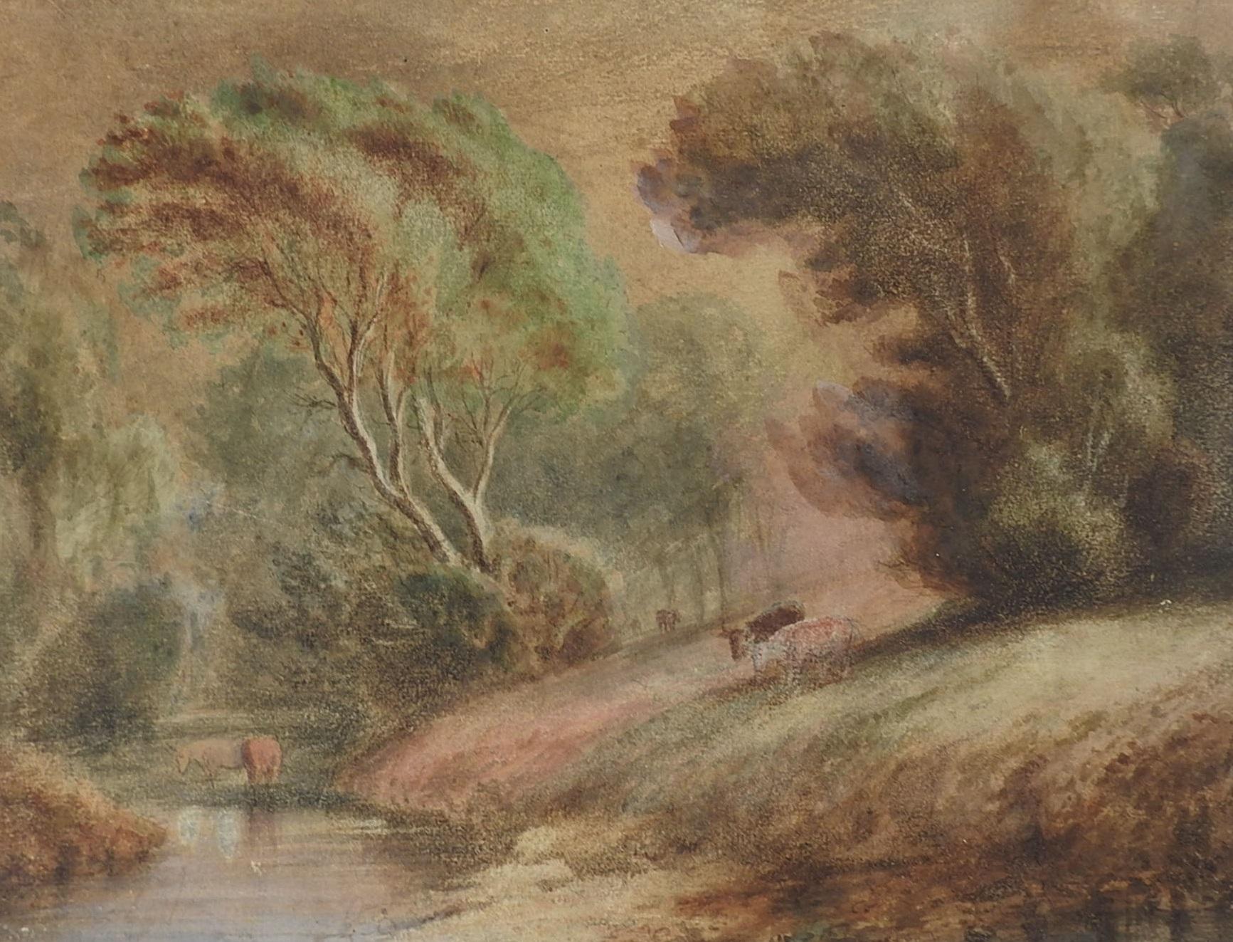 Antique late 19th century watercolor on paper pastoral painting, Wooded landscape with cows drinking from a stream. Unsigned. Unframed, edge wear, age toning.