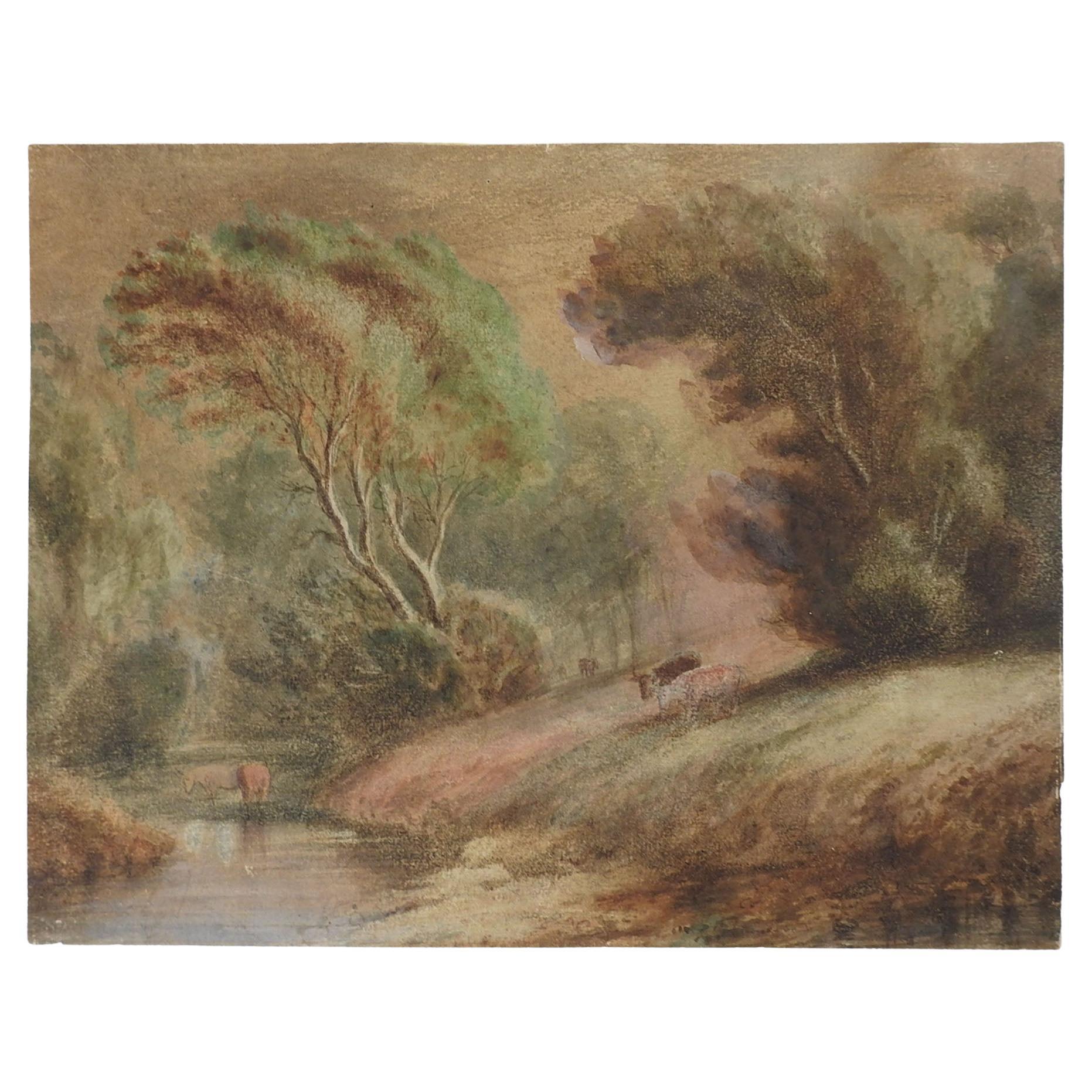 Peinture aquarelle ancienne de paysage pastoral