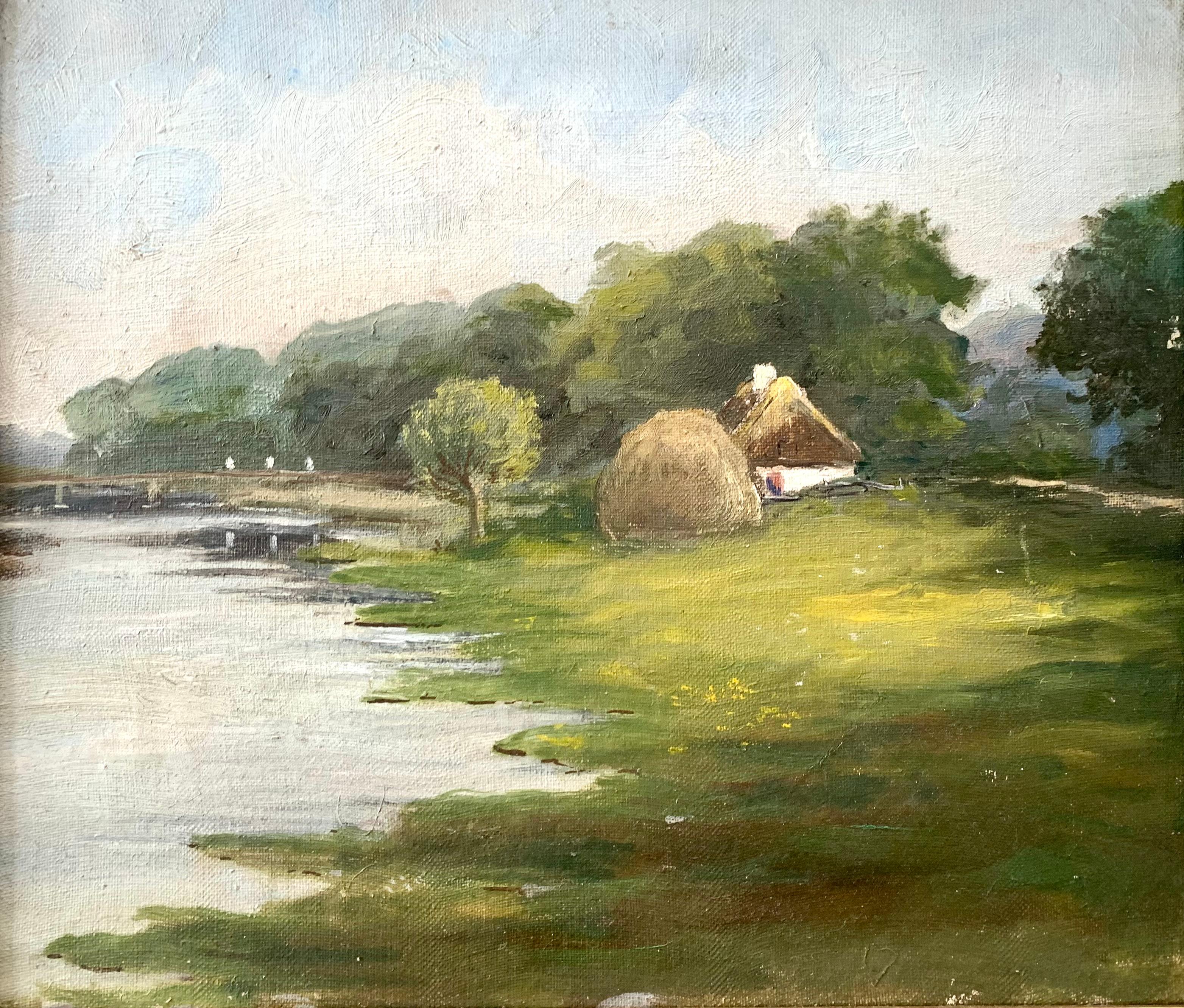 Antique Scandinavian oil on canvas painting of a riverside landscape with a small house and a haystack near the water. The surrounding fields and trees are summer green and the sky is softly clouded. 

The painting is romantic in its depiction of