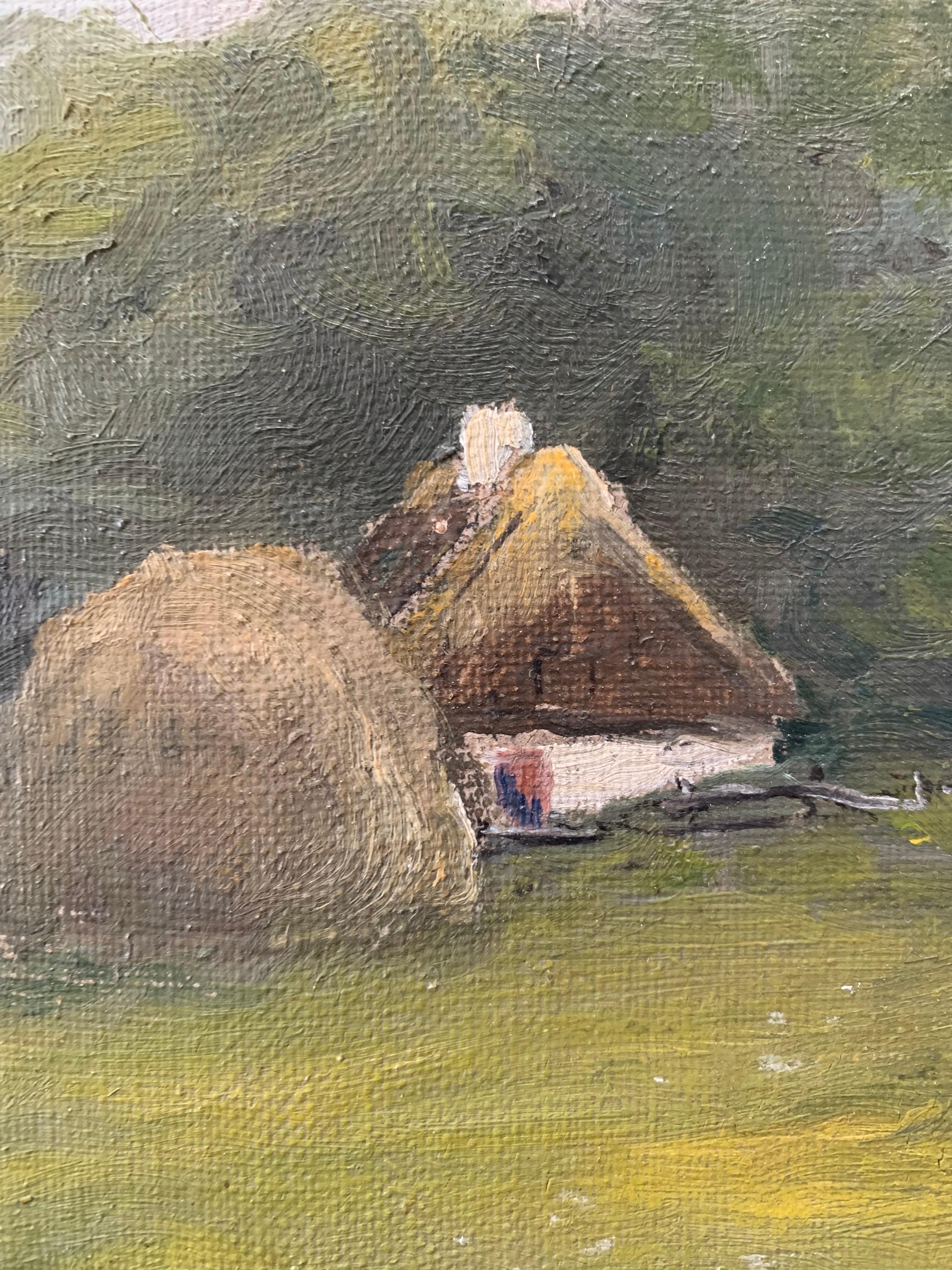 Danish Antique pastoral oil painting of small house in a green riverside landscape For Sale
