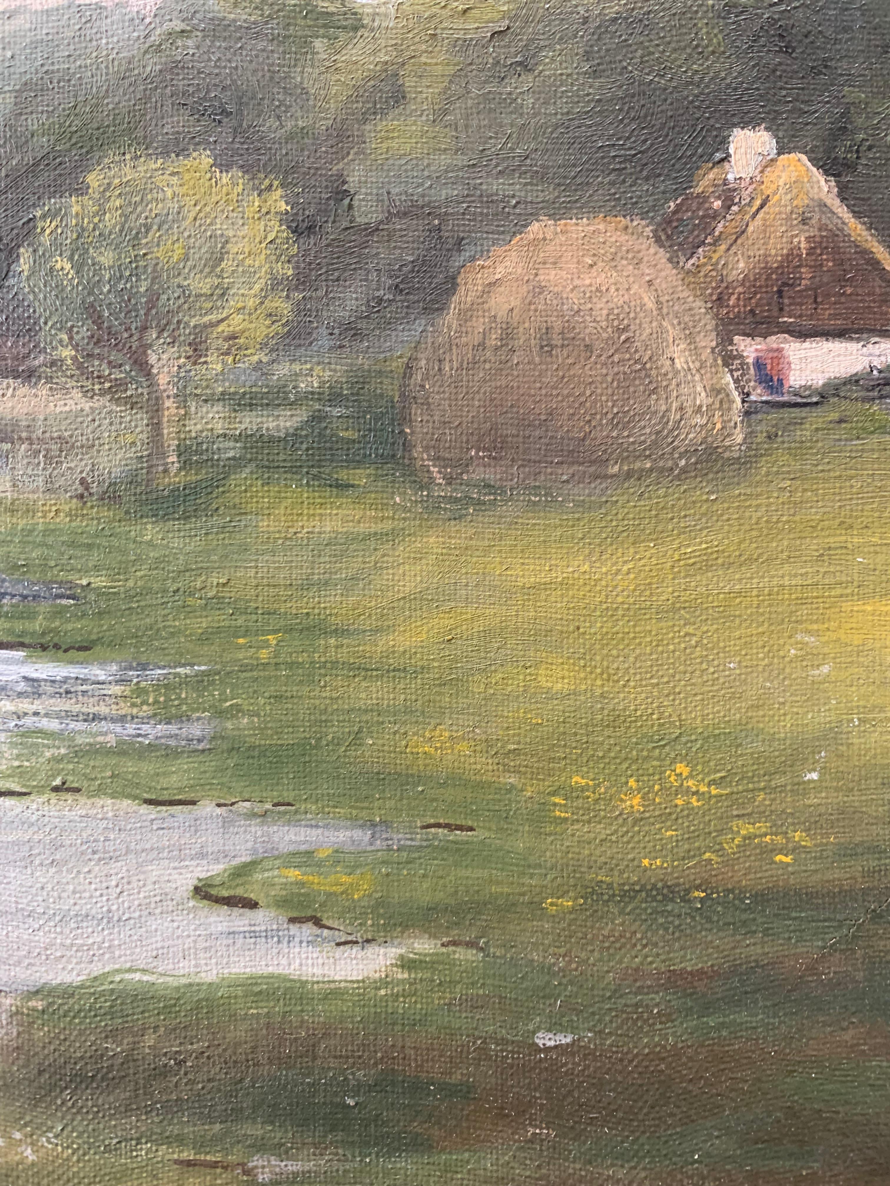Antique pastoral oil painting of small house in a green riverside landscape In Good Condition For Sale In Ebberup, DK