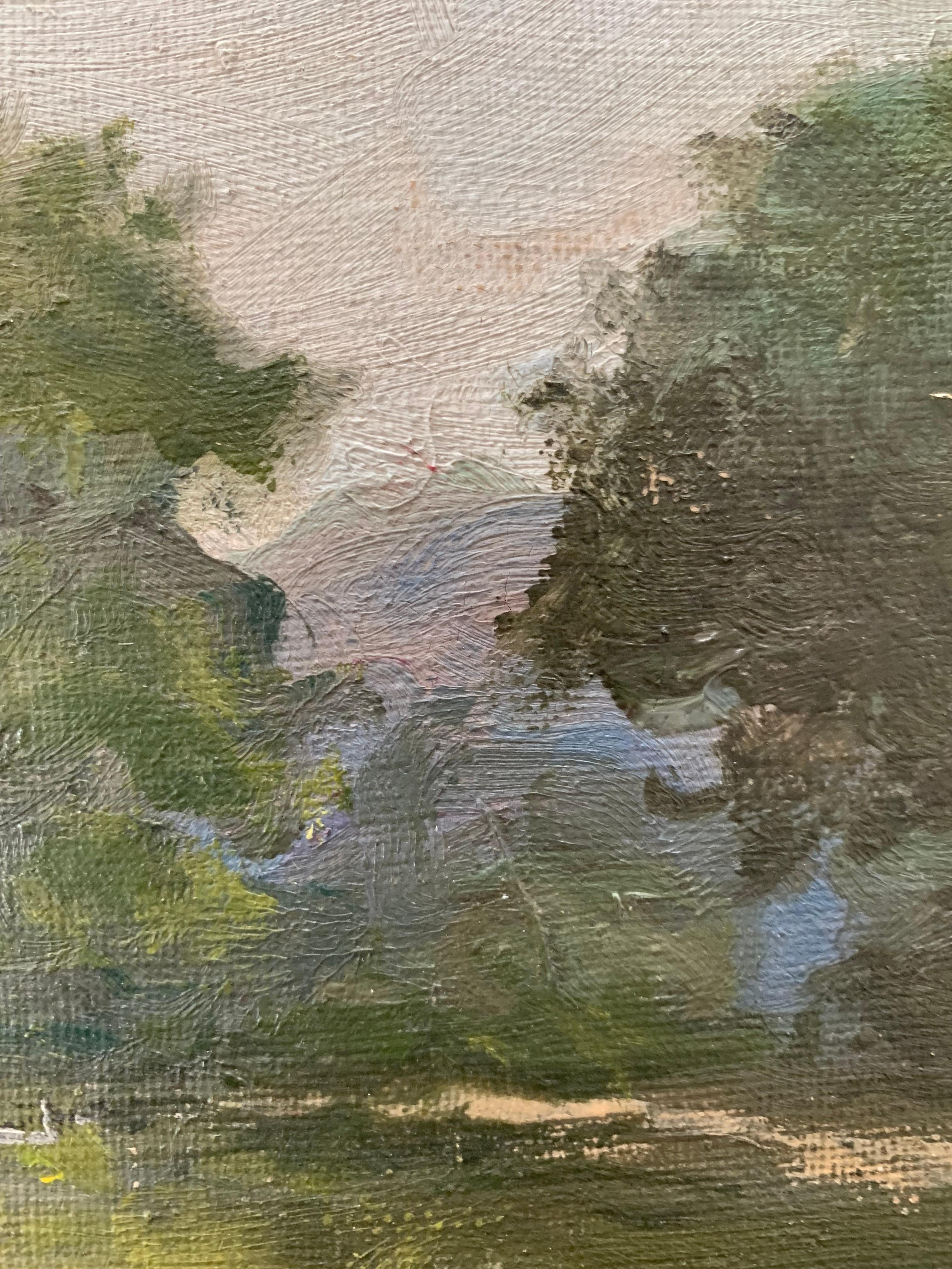 20th Century Antique pastoral oil painting of small house in a green riverside landscape For Sale