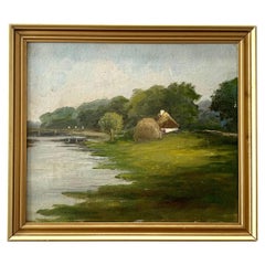 Antigua pintura pastoral al óleo de una casita en un verde paisaje ribereño