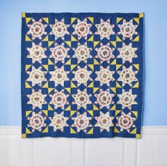 Antique Patchwork "Mennonite Blazing Stars" Blue Quilt in Cotton, USA, 1880s