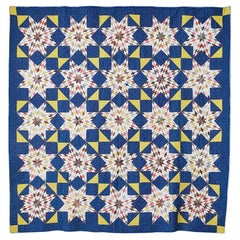 Antique Patchwork "Mennonite Blazing Stars" Blue Quilt in Cotton, USA, 1880s