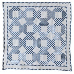 Antique Patchwork "Ocean Waves" Quilt in Blue and White Cotton, USA