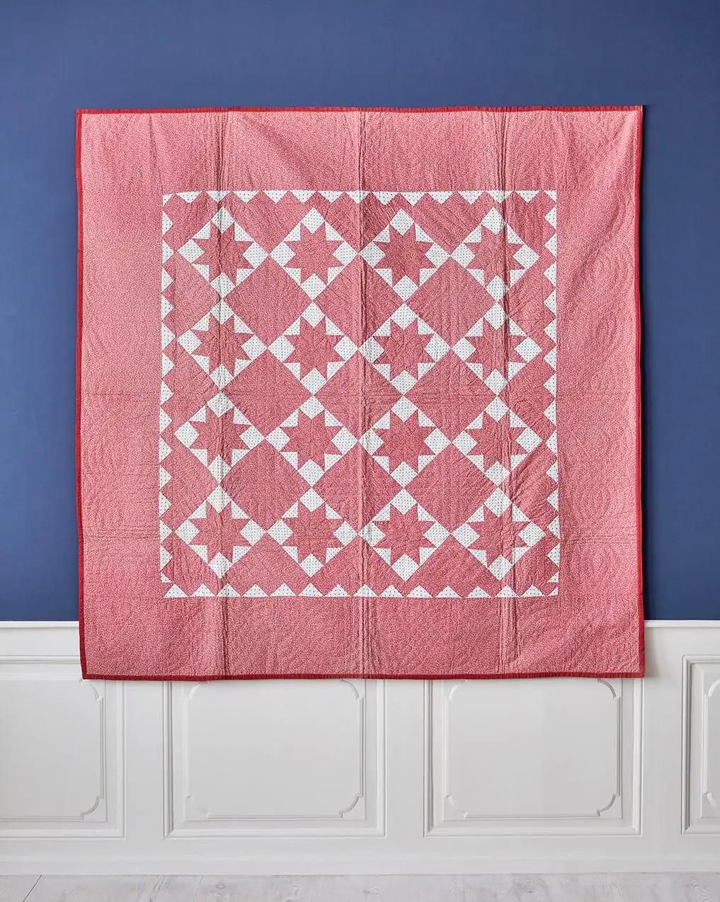 USA, 1880s

Antique patchwork quilt. ‘Le Moyne Stars’ - in dark pink and white. 

Measures: H 180 x W 180 cm.