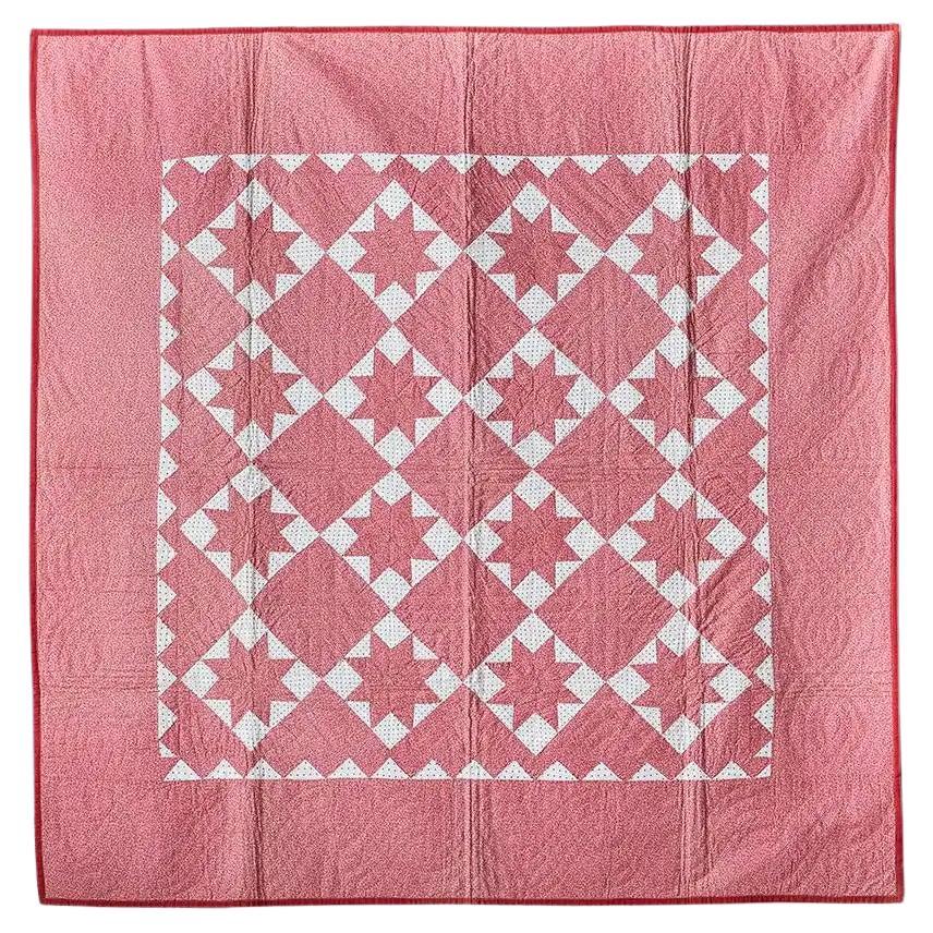 Antique Patchwork Quilt "Le Moyne Stars" in Dark Pink and White, USA, 1880s For Sale