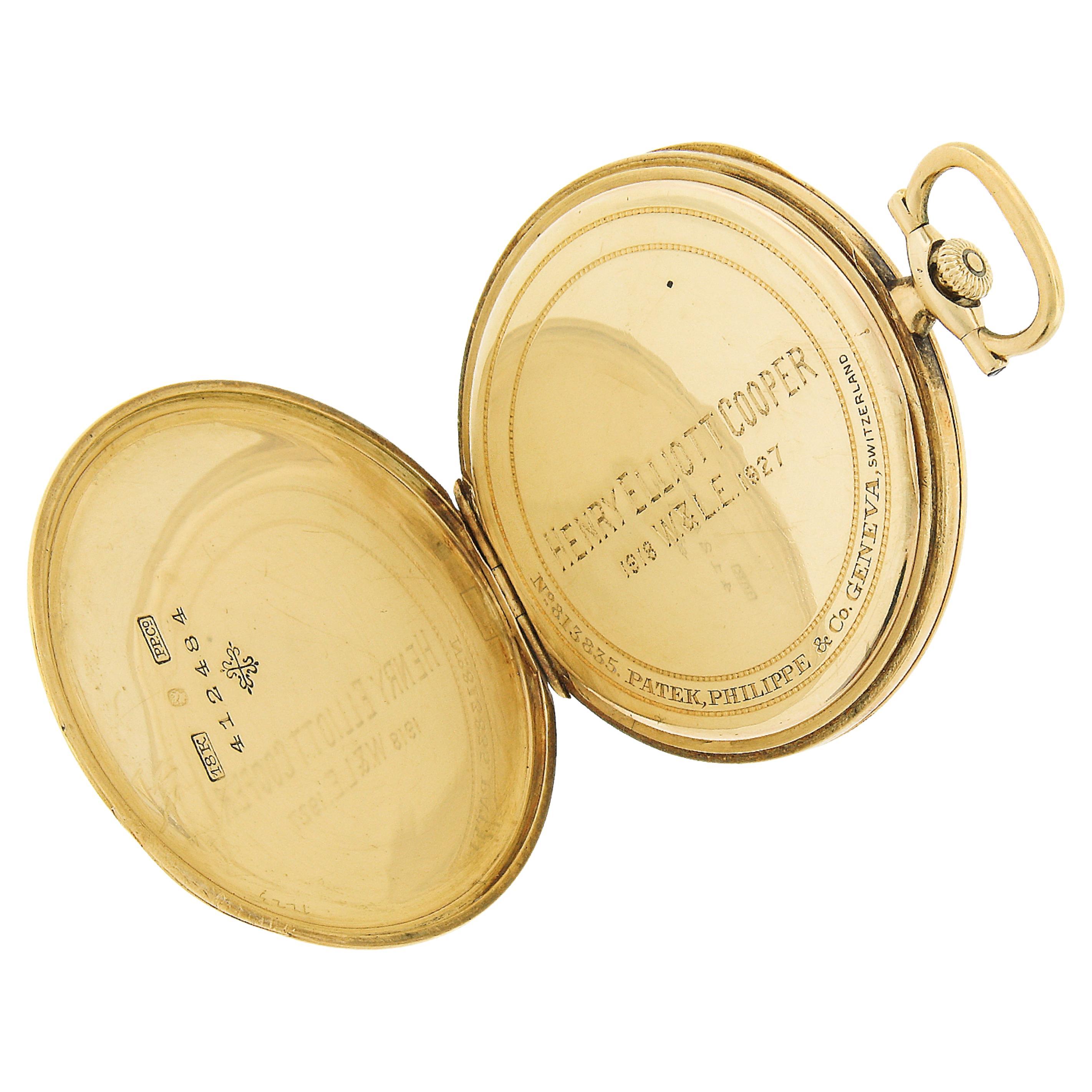 This classy antique Patek Philippe & Co. pocket watch features a solid 18k yellow gold open face case that is adorned with a bold personal engraving which reads the monogrammed letters 