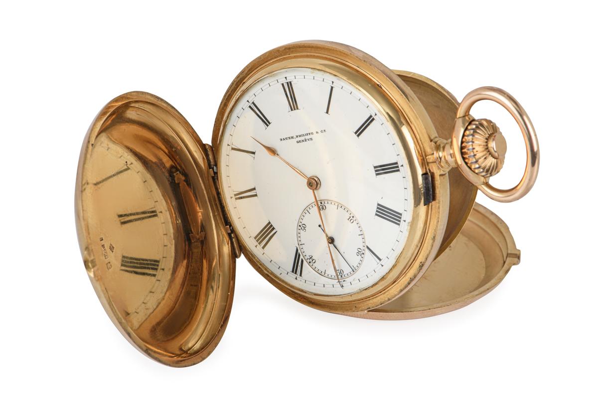 Patek Philippe 18kt Rose Gold Keyless Lever Full Hunter Pocket Watch C1891.

Dial: The white enamel dial fully signed Patek Philippe & Co Geneve with Roman numerals outer minute track and subsidiary seconds dial at six o'clock. The original rose