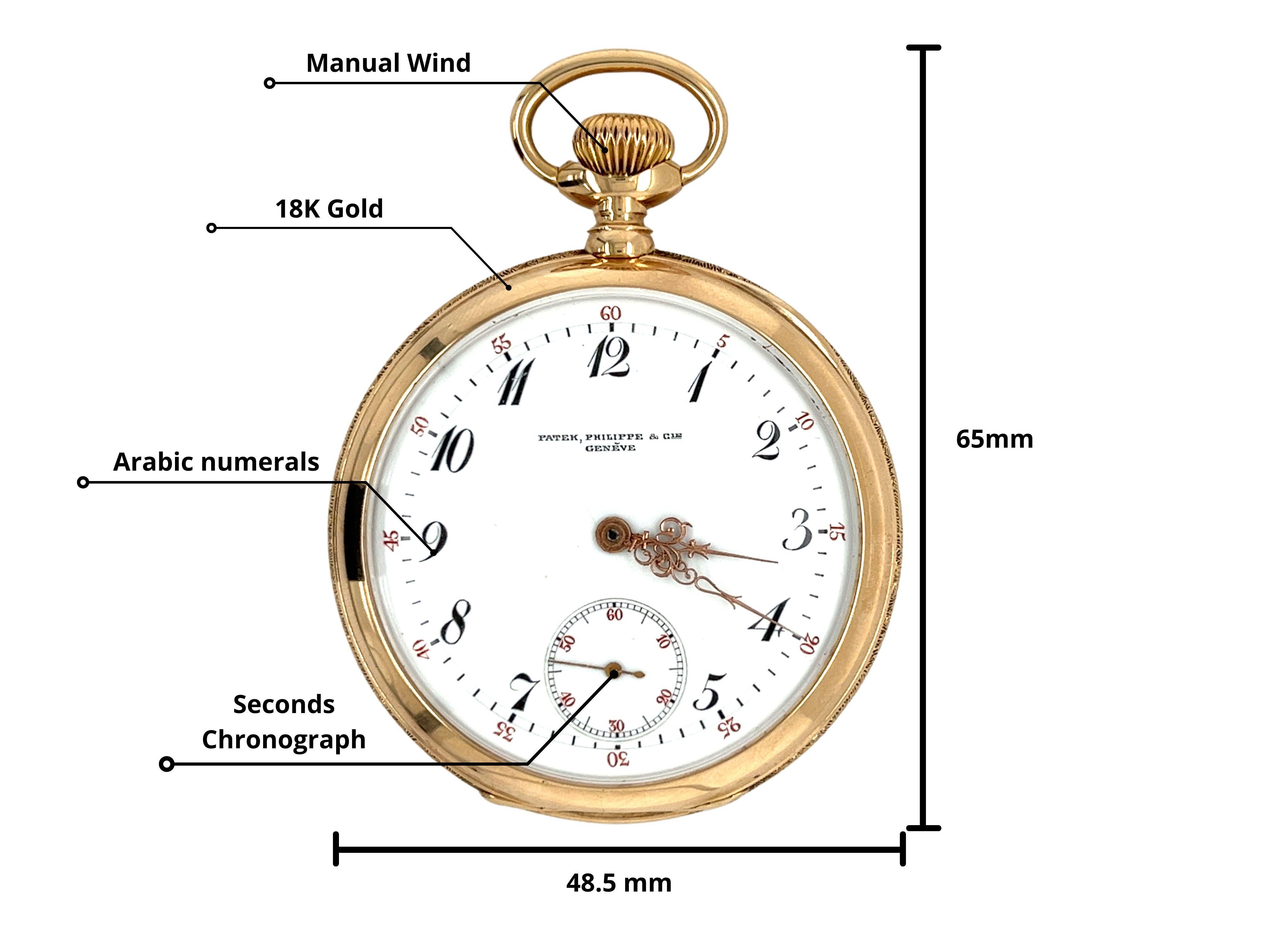 Antike Patek Philippe Ref. 258729 Weißes Zifferblatt Taschenuhr in 18K Gelbgold. Sie verfügt über ein mechanisches Uhrwerk mit Handaufzug, arabische Ziffern, Saphirglas und einen Sekundenchronographen. In ausgezeichnetem Zustand und kürzlich