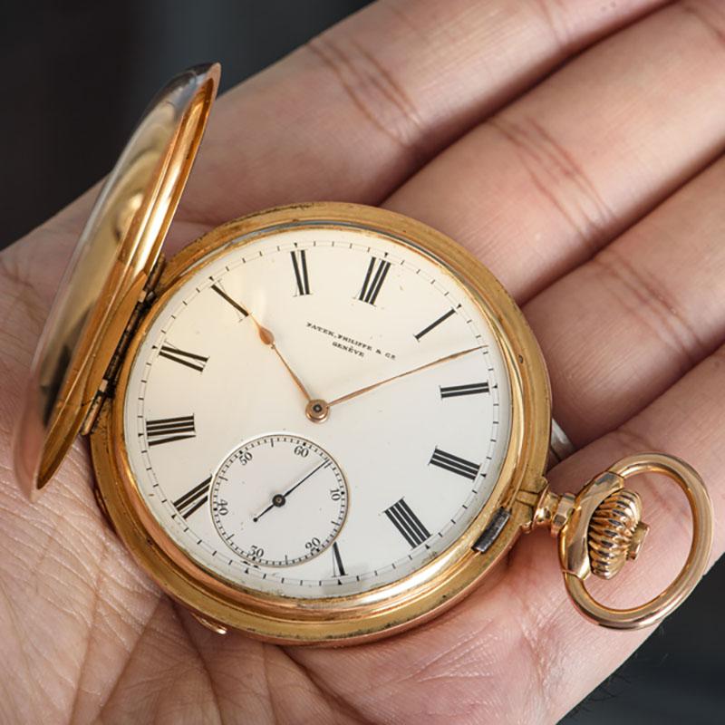 Antique Patek Philippe Rose Gold Keyless Lever Full Hunter Pocket Watch C1891 For Sale 3