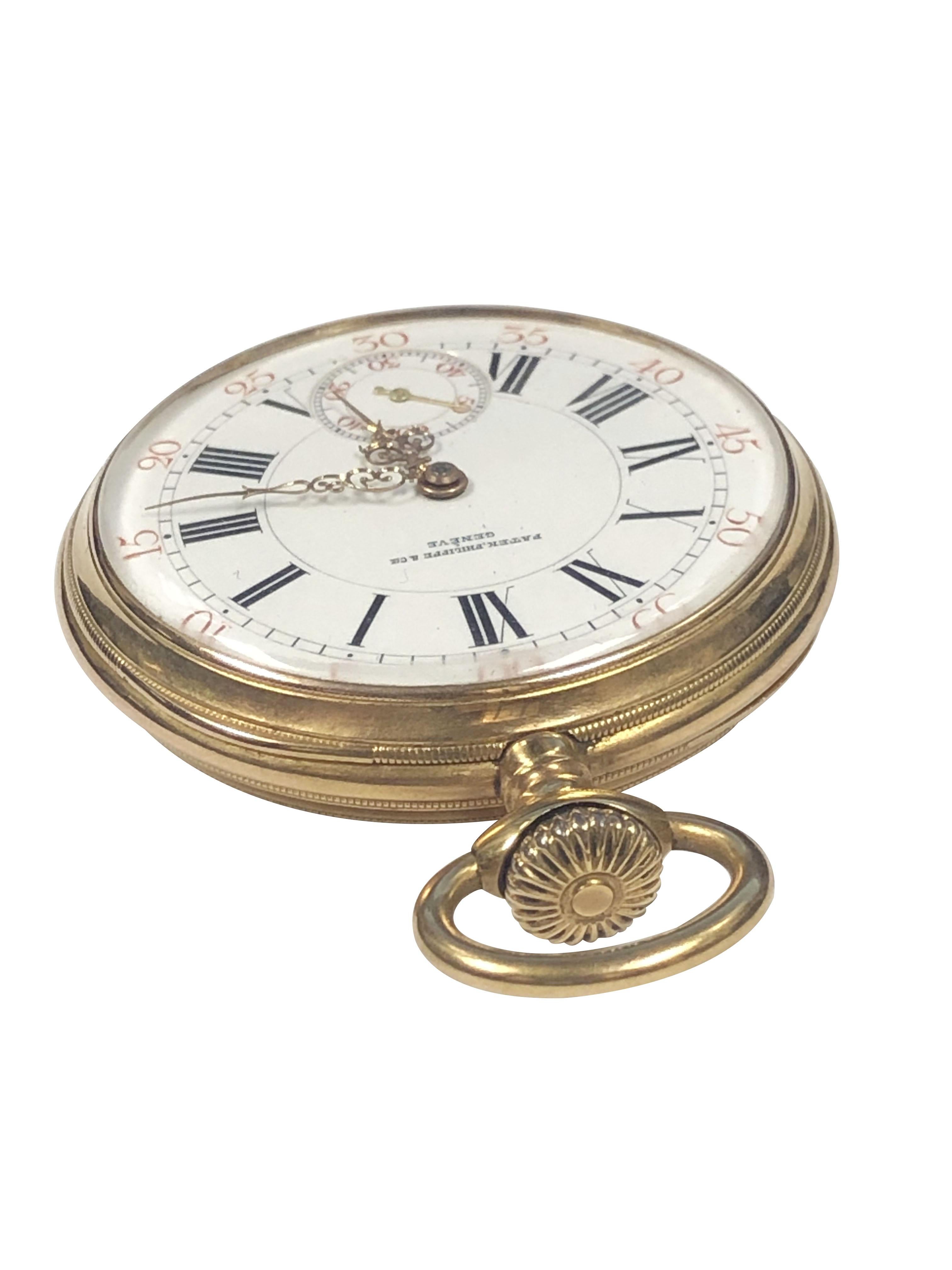 Antique Patek Philippe Yellow Gold Porcelain Dial Pocket Watch In Excellent Condition In Chicago, IL
