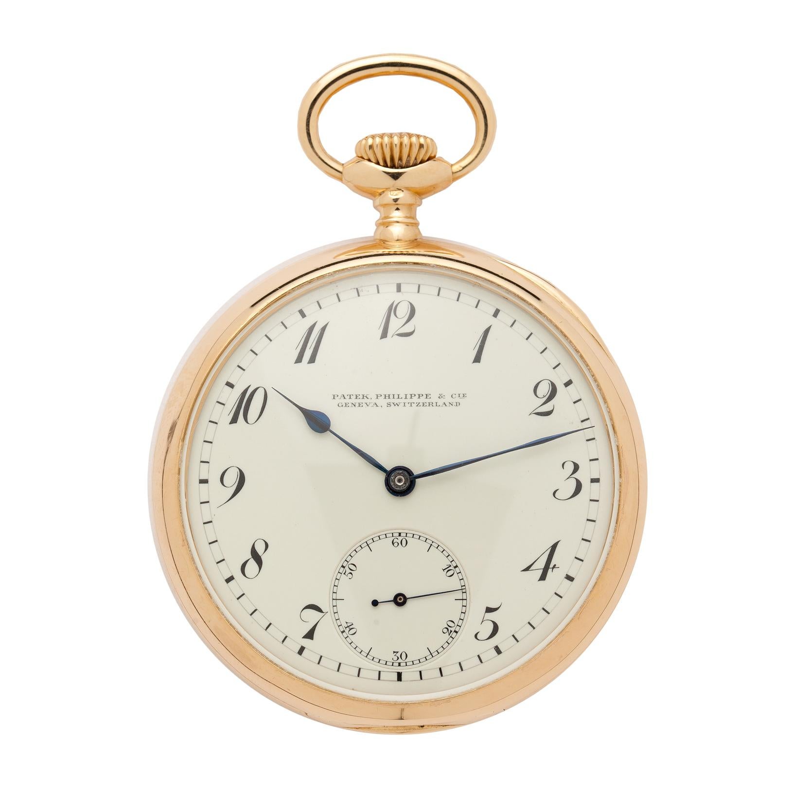 This rare antique 18Kt Yellow Gold Pocket Watch by Patek Philippe Shreve Crump & Low  with White Face and Black Stylized Arablic Numbers, comes with stylish genuine leather wearable wrist strap, giving the lucky owner the option to utilize the watch