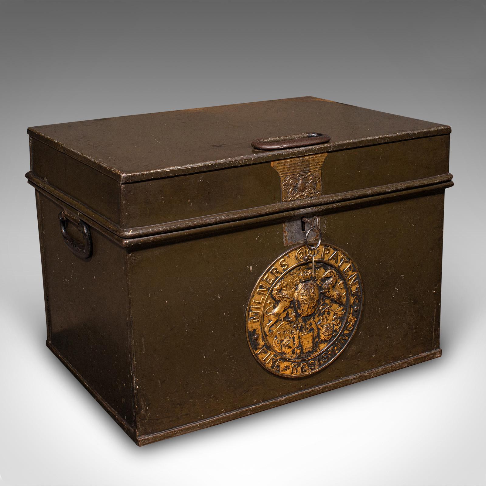 This is a heavy antique Patent fireproof safe. An English, cast iron lock box by Milners of Liverpool, dating to the Victorian period, circa 1870.

Superb example of Milners’ renowned 212 Patent fireproof model
Exceptionally robust cast iron