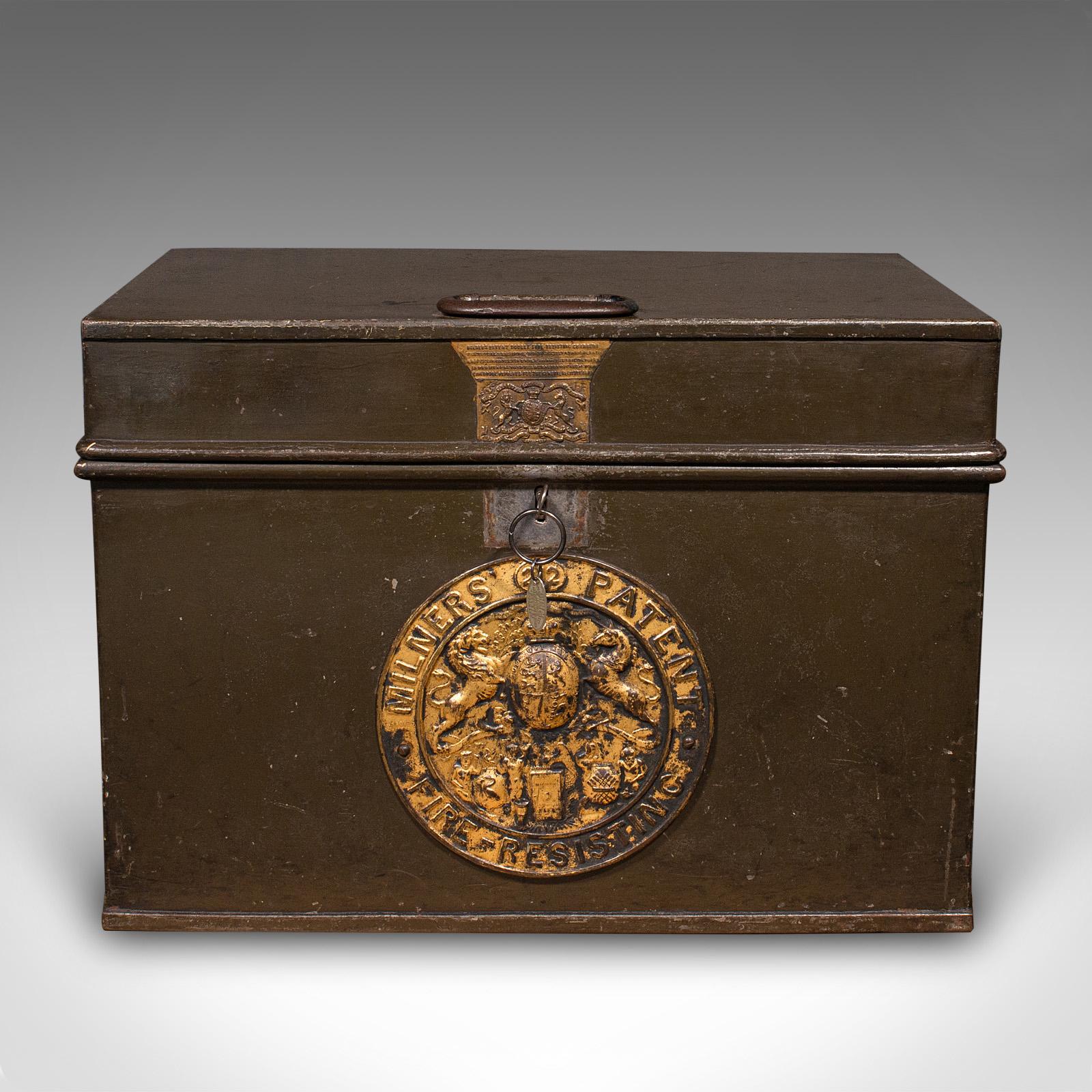 British Antique Patent Safe, English Cast Iron Lock Box, Milners of Liverpool, Victorian For Sale
