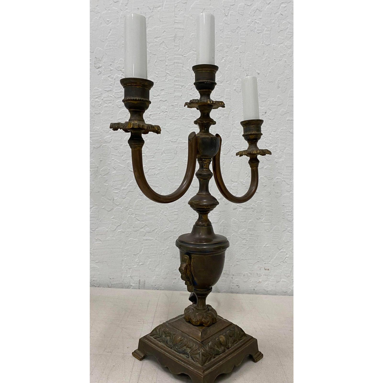 American Antique Patinated Brass Classical Urn Candelabras Converted to Table Lamps