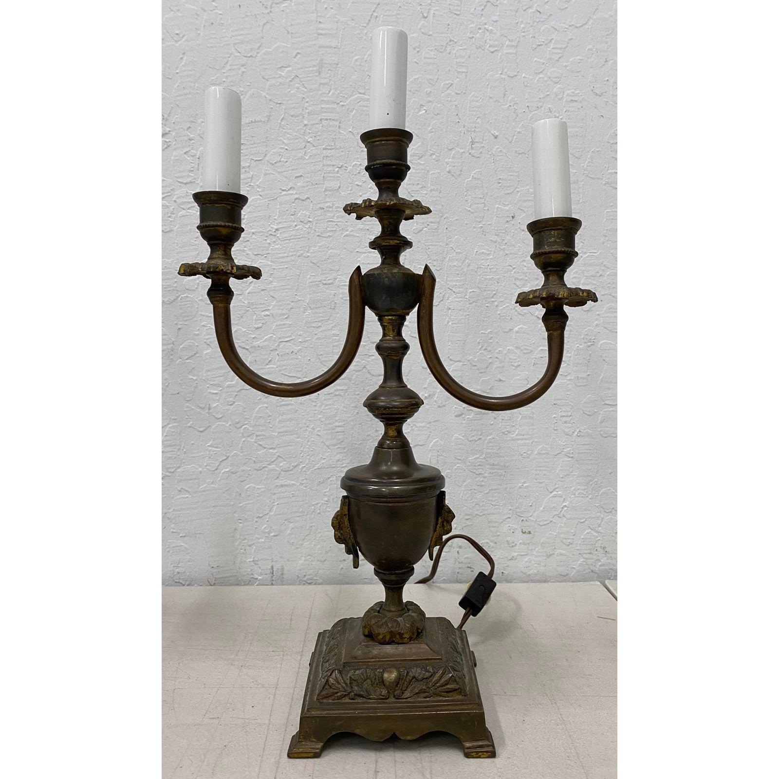 20th Century Antique Patinated Brass Classical Urn Candelabras Converted to Table Lamps