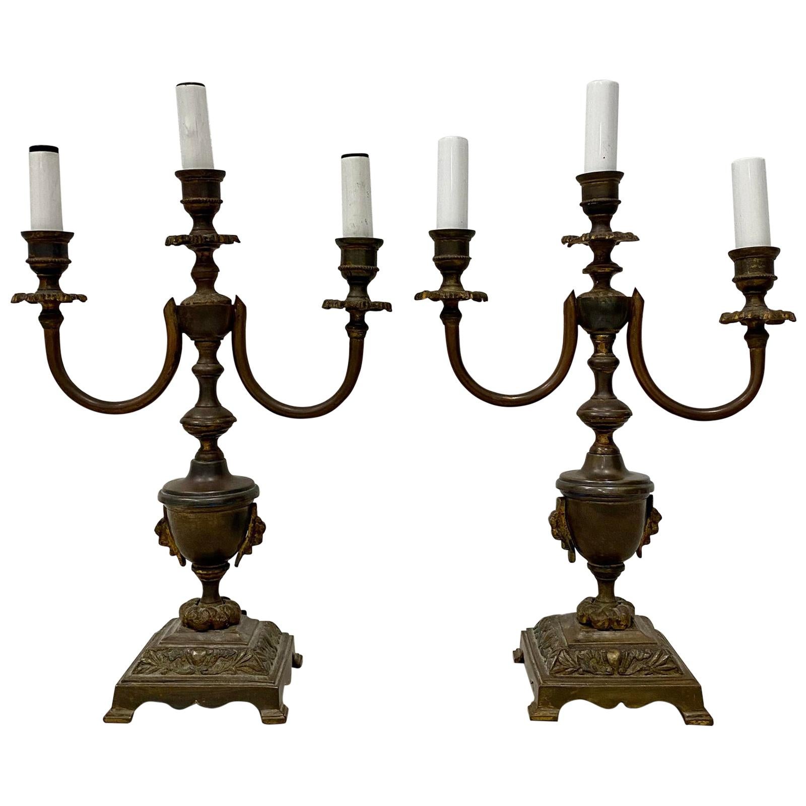 Antique Patinated Brass Classical Urn Candelabras Converted to Table Lamps