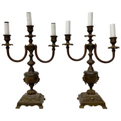 Antique Patinated Brass Classical Urn Candelabras Converted to Table Lamps