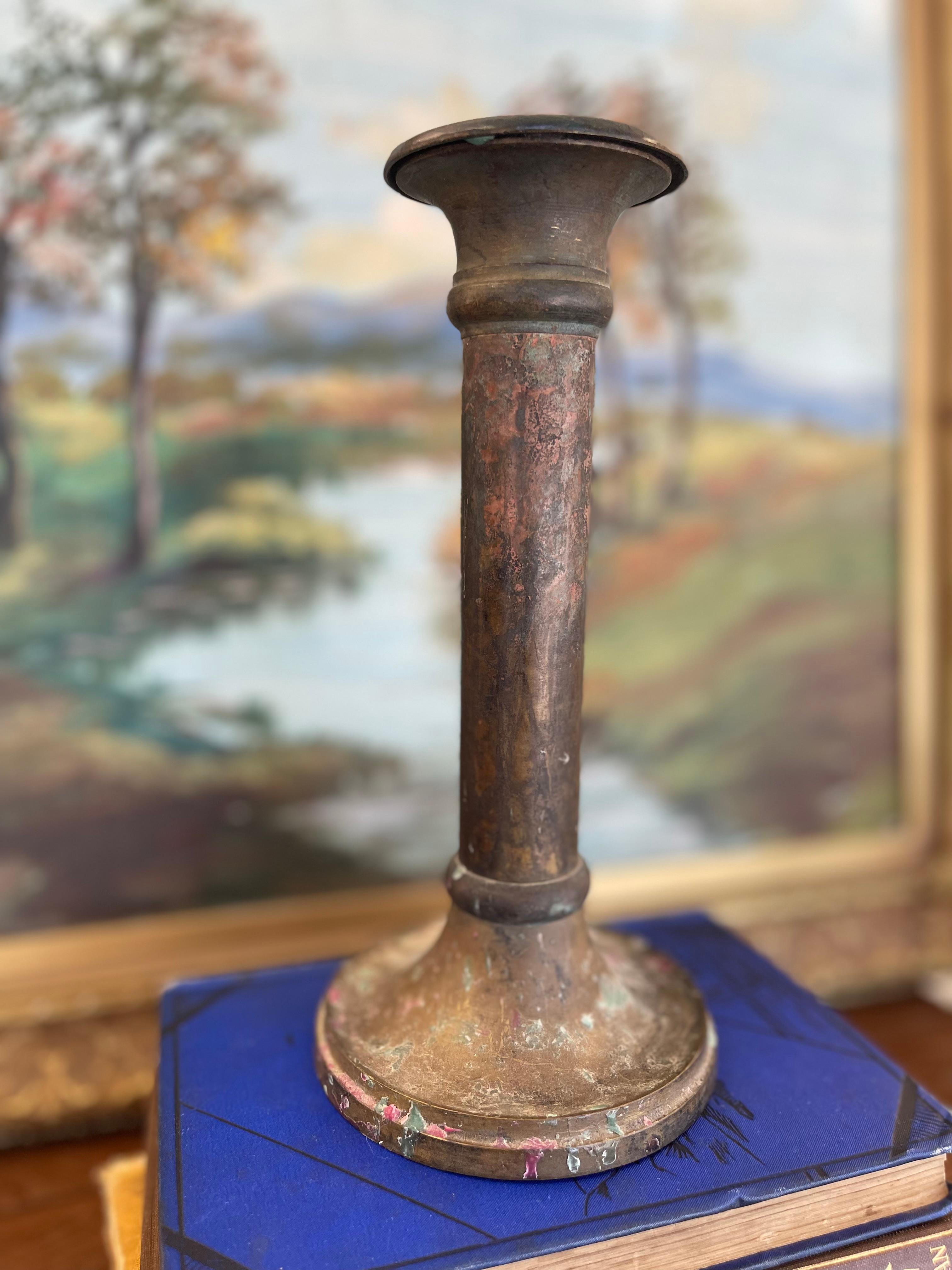 Mid-Century Modern Antique Patinated Brass Toned Candlestick Holder with Wax Residue, 20th Century For Sale