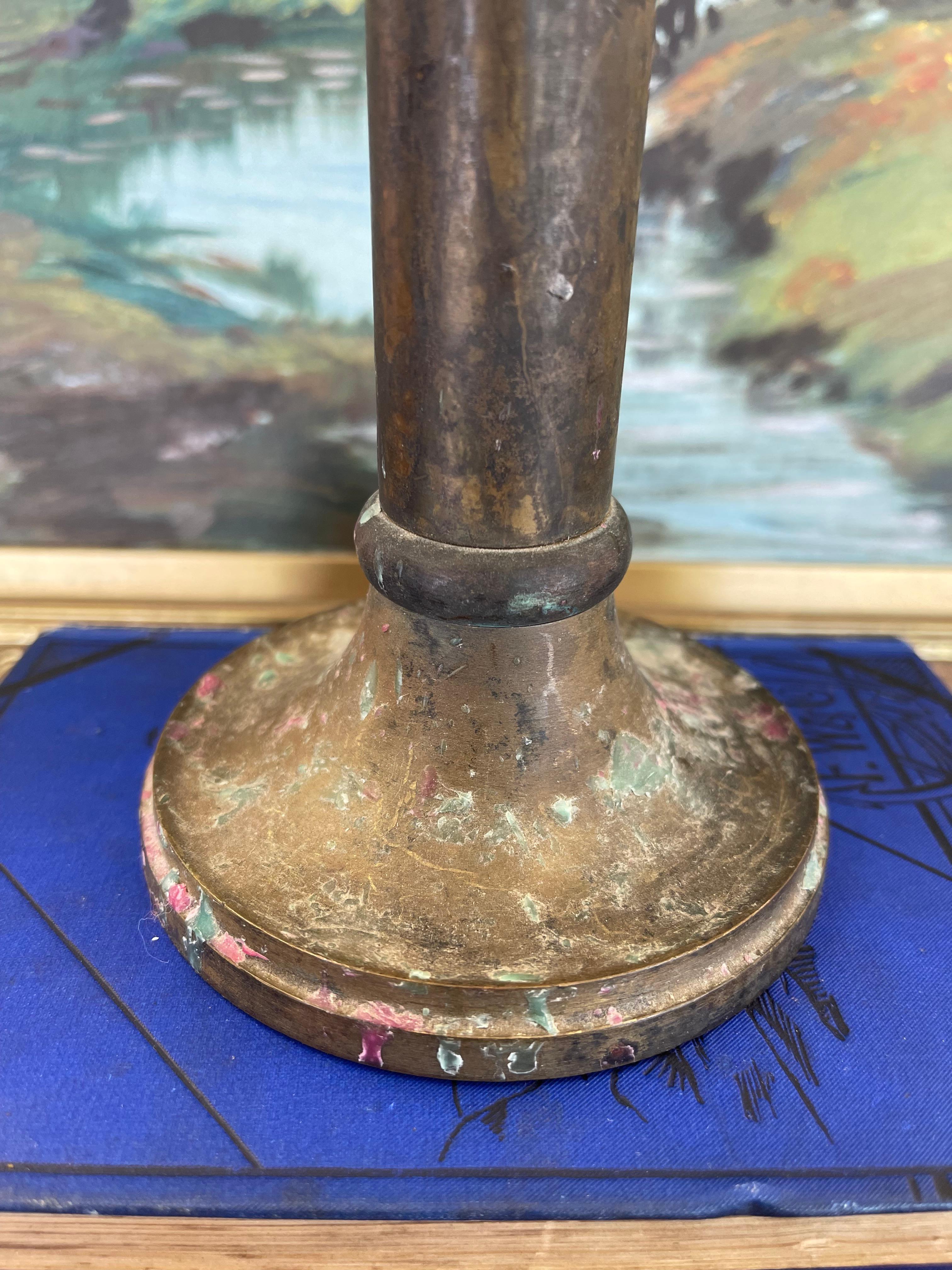 Antique Patinated Brass Toned Candlestick Holder with Wax Residue, 20th Century In Good Condition For Sale In Seattle, WA