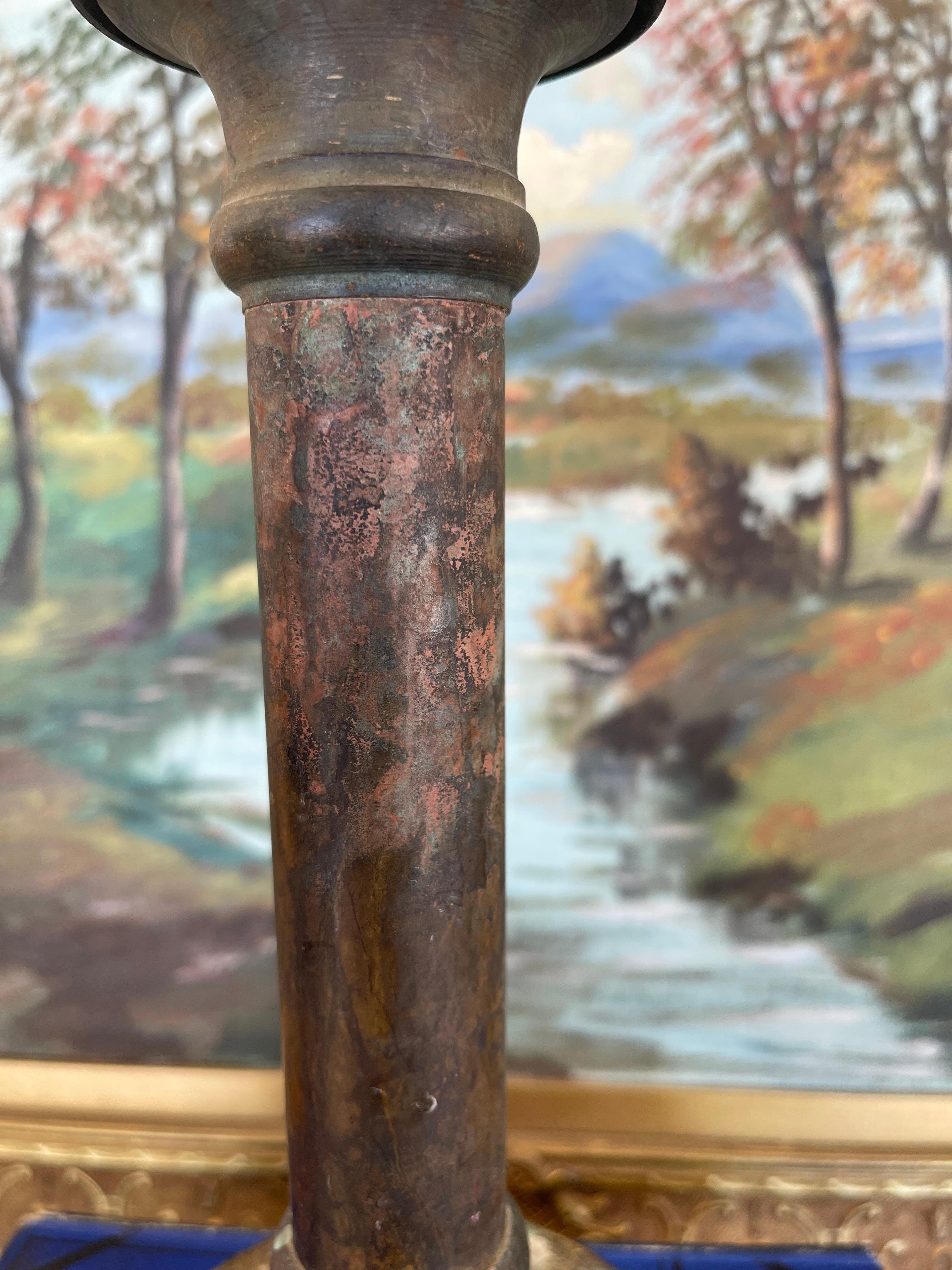 Late 20th Century Antique Patinated Brass Toned Candlestick Holder with Wax Residue, 20th Century For Sale
