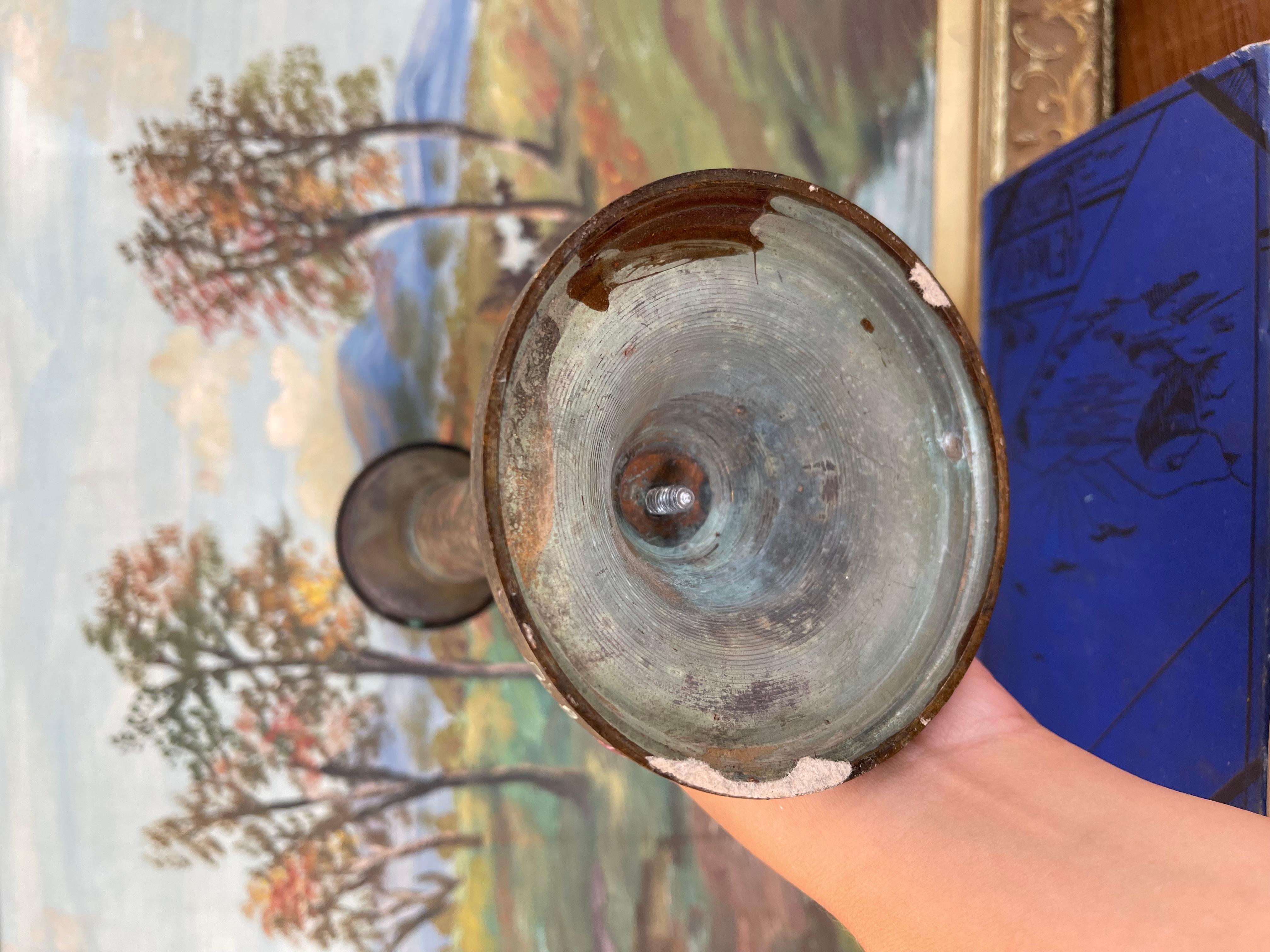 Antique Patinated Brass Toned Candlestick Holder with Wax Residue, 20th Century For Sale 2