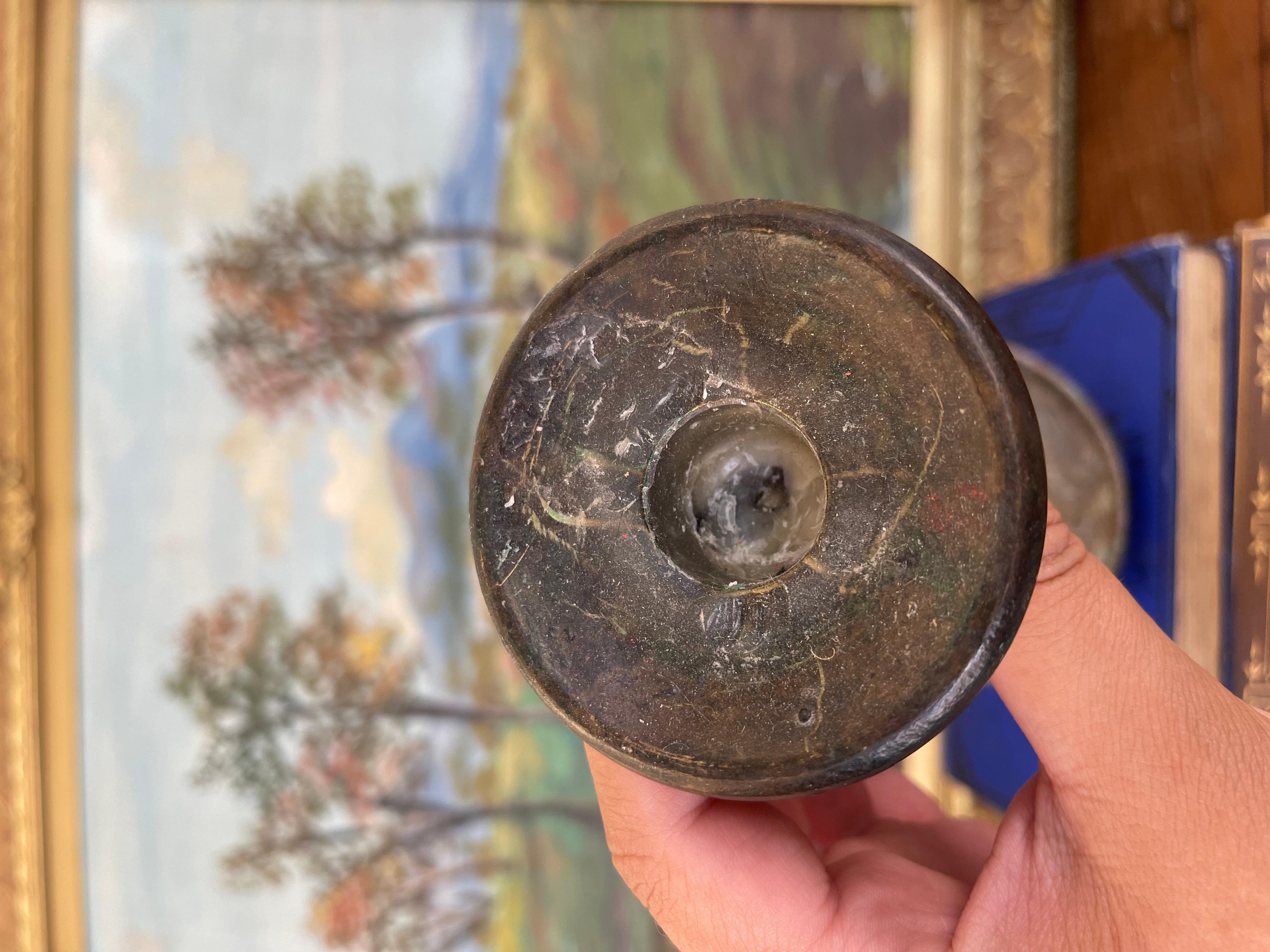 Antique Patinated Brass Toned Candlestick Holder with Wax Residue, 20th Century For Sale 3