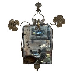Antique Patinated Brass Wall Mirror Art Nouveau Angel