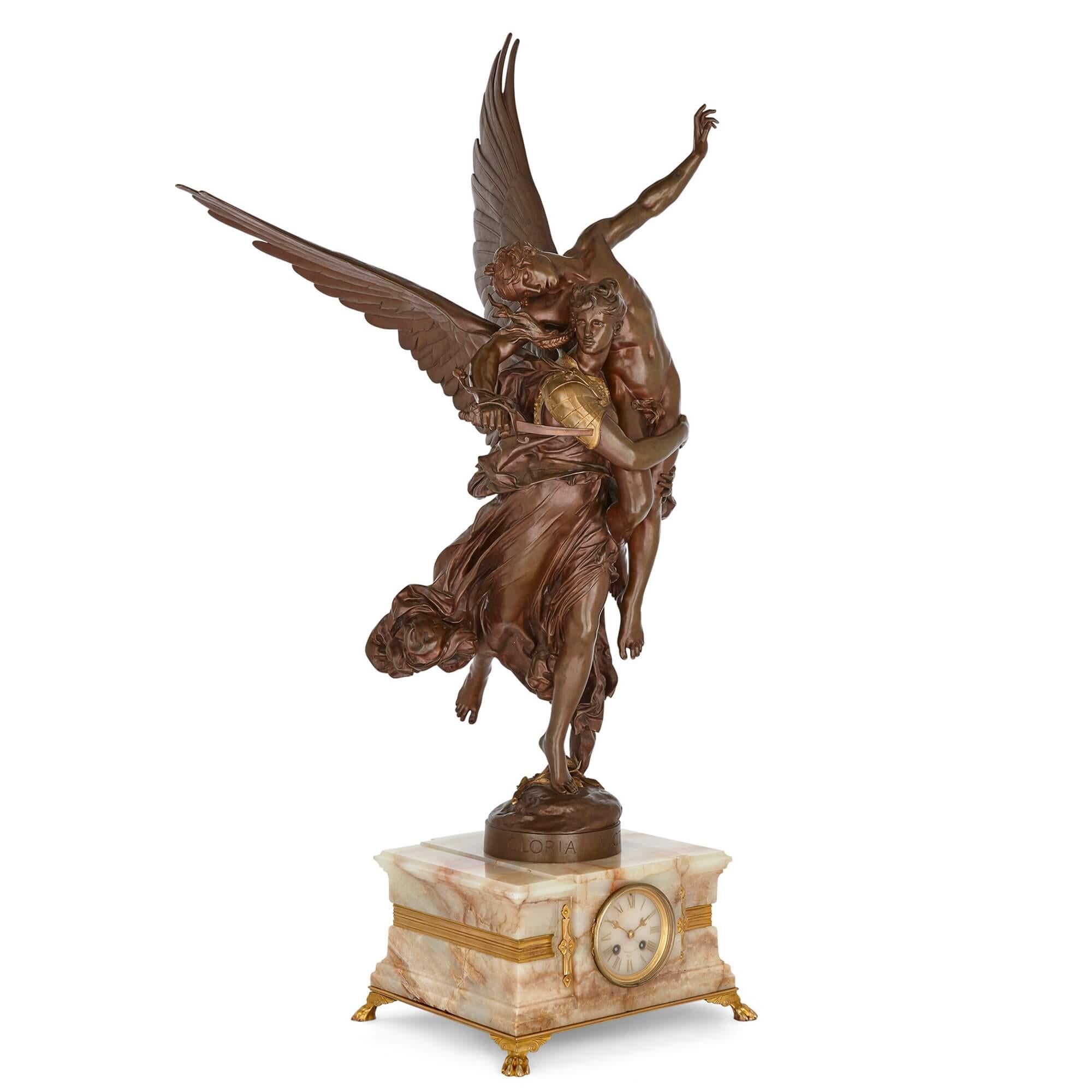 Antique patinated bronze and onyx mantel clock by Mercié and Barbedienne
French, Late 19th Century 
Height 113cm, width 58cm, depth 40cm

Two renowned French makers, Antonin Mercié (1845-1916) and Ferdinand Barbedienne (1810-1892), are responsible