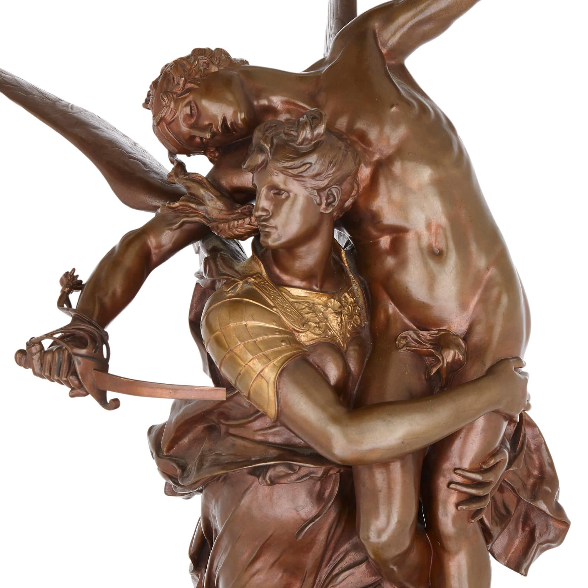 Antike Kaminsimsuhr aus patinierter Bronze und Onyx von Mercié und Barbedienne (Französisch) im Angebot