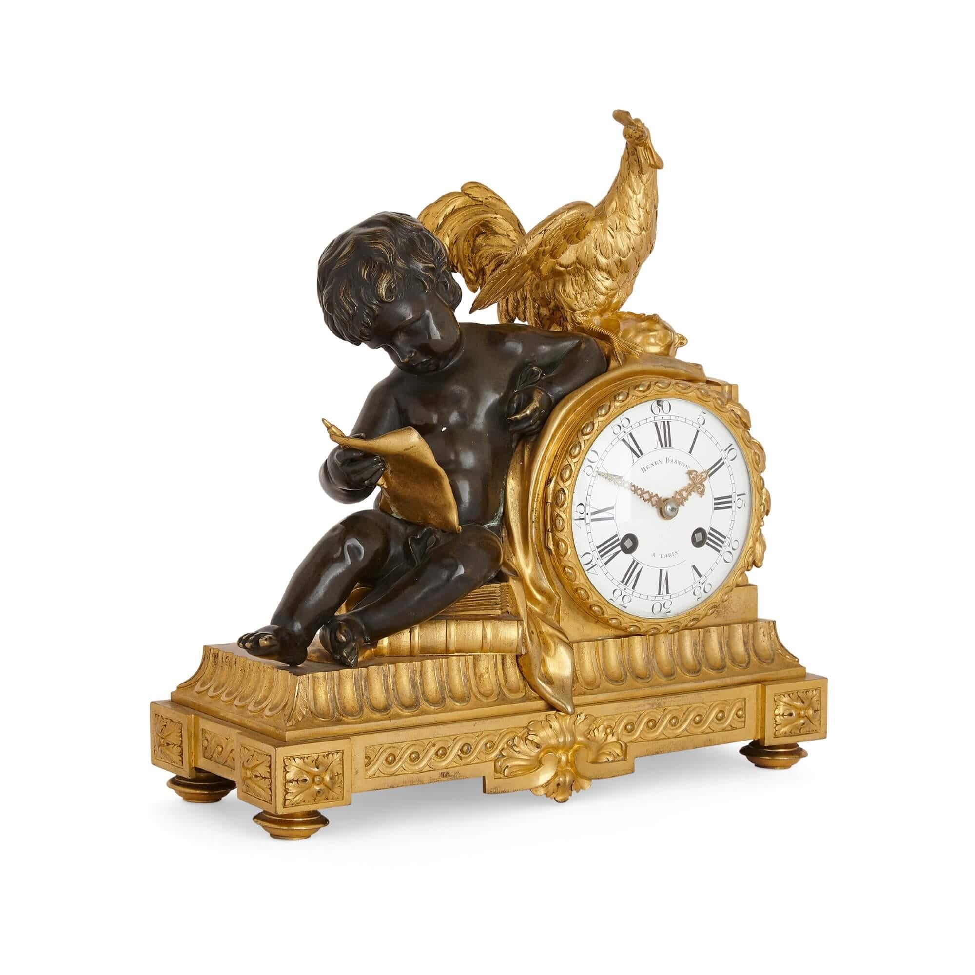 Antique patinated bronze and ormolu figurative mantel clock by Dasson
French, 1888
Measures: Height 30cm, width 30cm, depth 13cm

This fine mantel clock is by the celebrated maker Henry Dasson. The clock features an off-centre design: to the