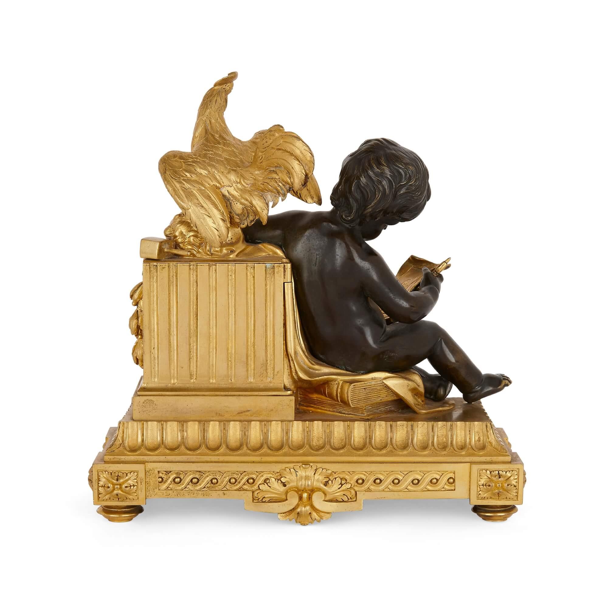 Belle Époque Antique Patinated Bronze and Ormolu Figurative Mantel Clock by Dasson For Sale