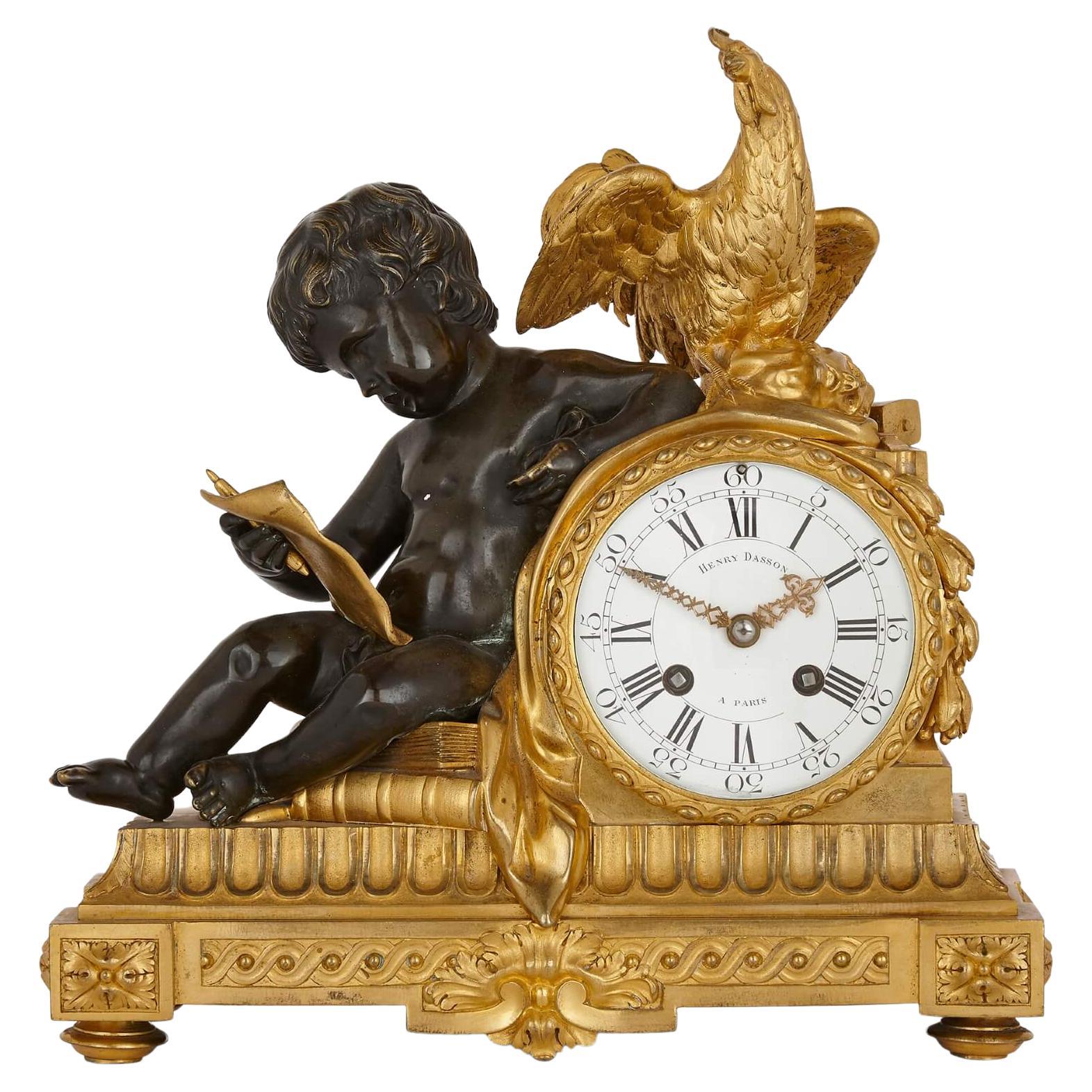 Antique Patinated Bronze and Ormolu Figurative Mantel Clock by Dasson For Sale