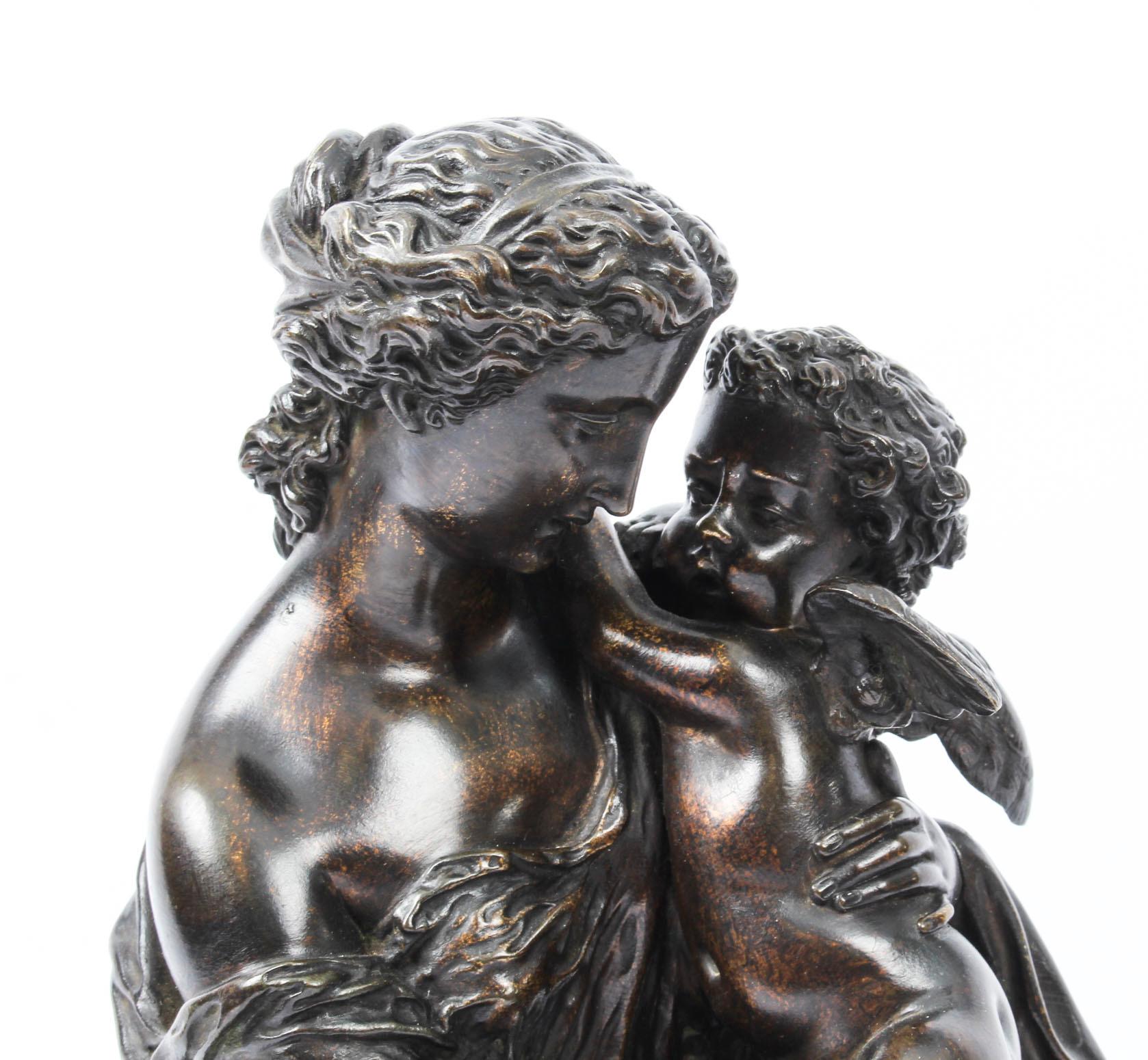 Mid-19th Century Antique Patinated Bronze by Emile Herbert Woman with Cherub, 19th Century