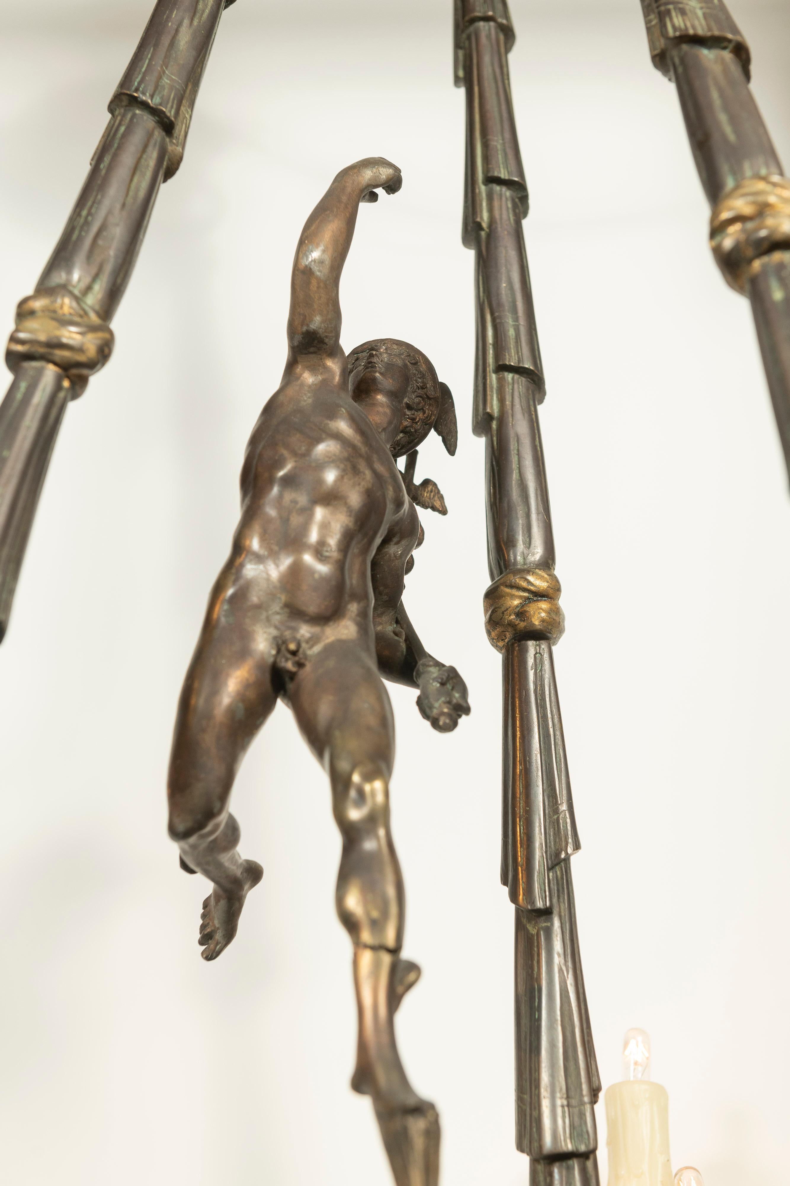 Antique Patinated Bronze Chandelier with Figure of Mercury and Three Arms In Good Condition For Sale In San Francisco, CA