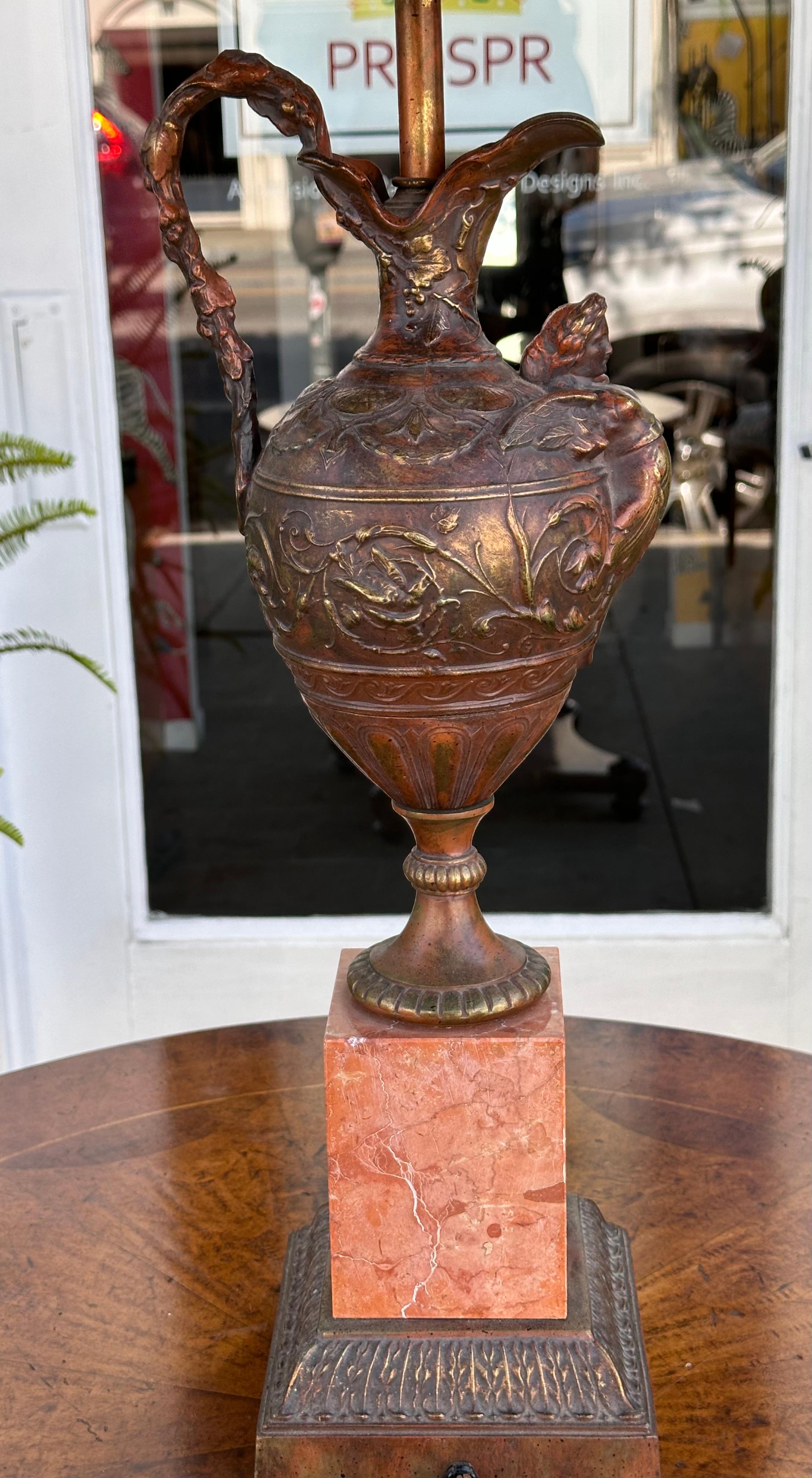 French Antique Patinated Bronze Earn Form Marble Lamp With Custom Shade For Sale