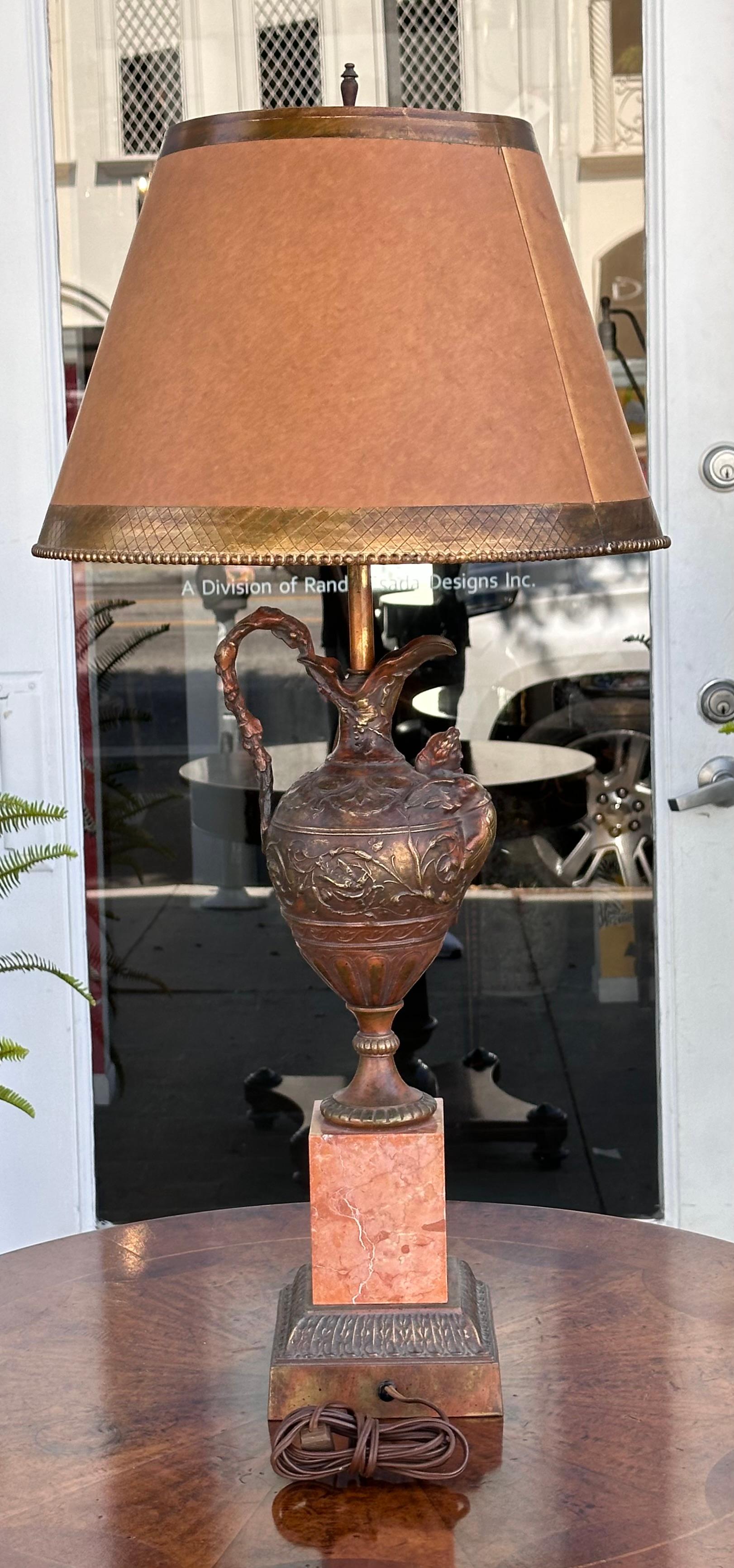 Antique Patinated Bronze Earn Form Marble Lamp With Custom Shade In Good Condition For Sale In LOS ANGELES, CA