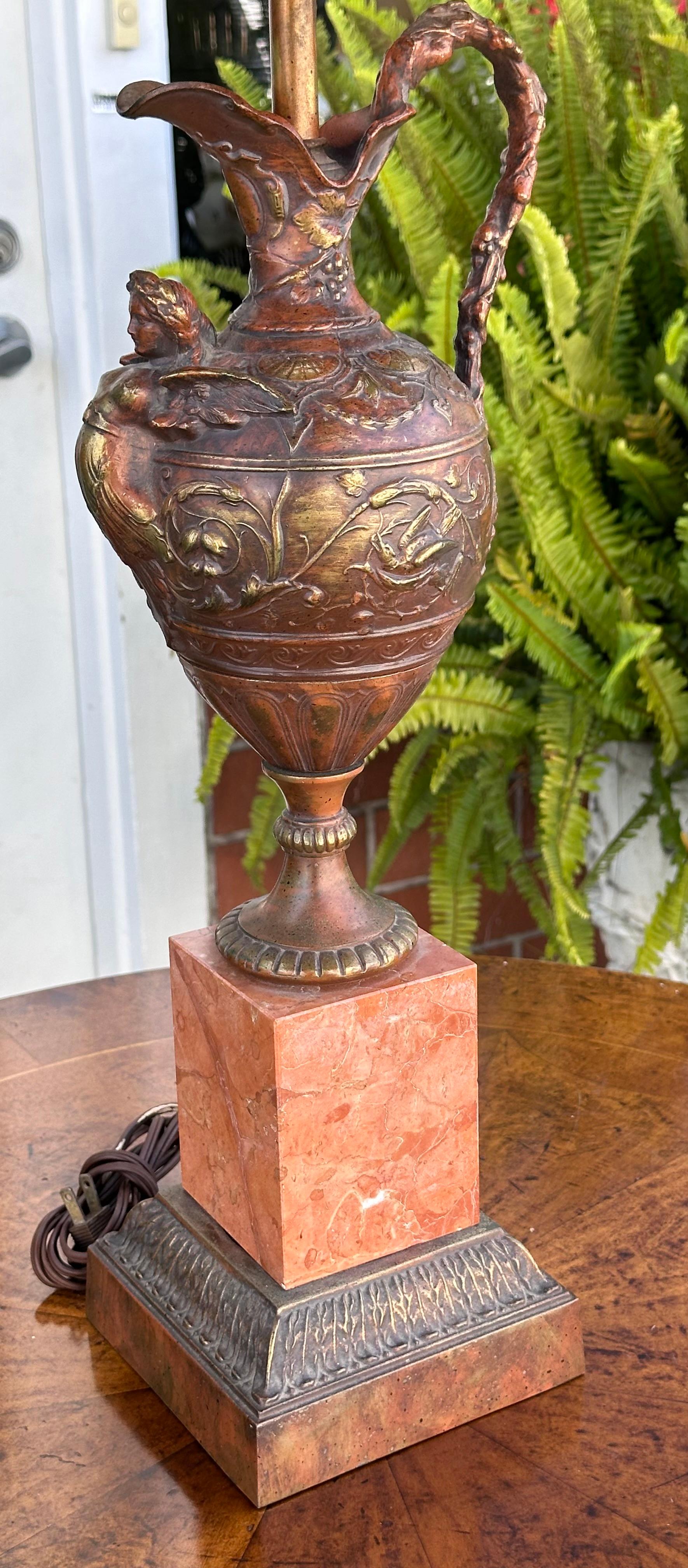 Early 20th Century Antique Patinated Bronze Earn Form Marble Lamp With Custom Shade For Sale