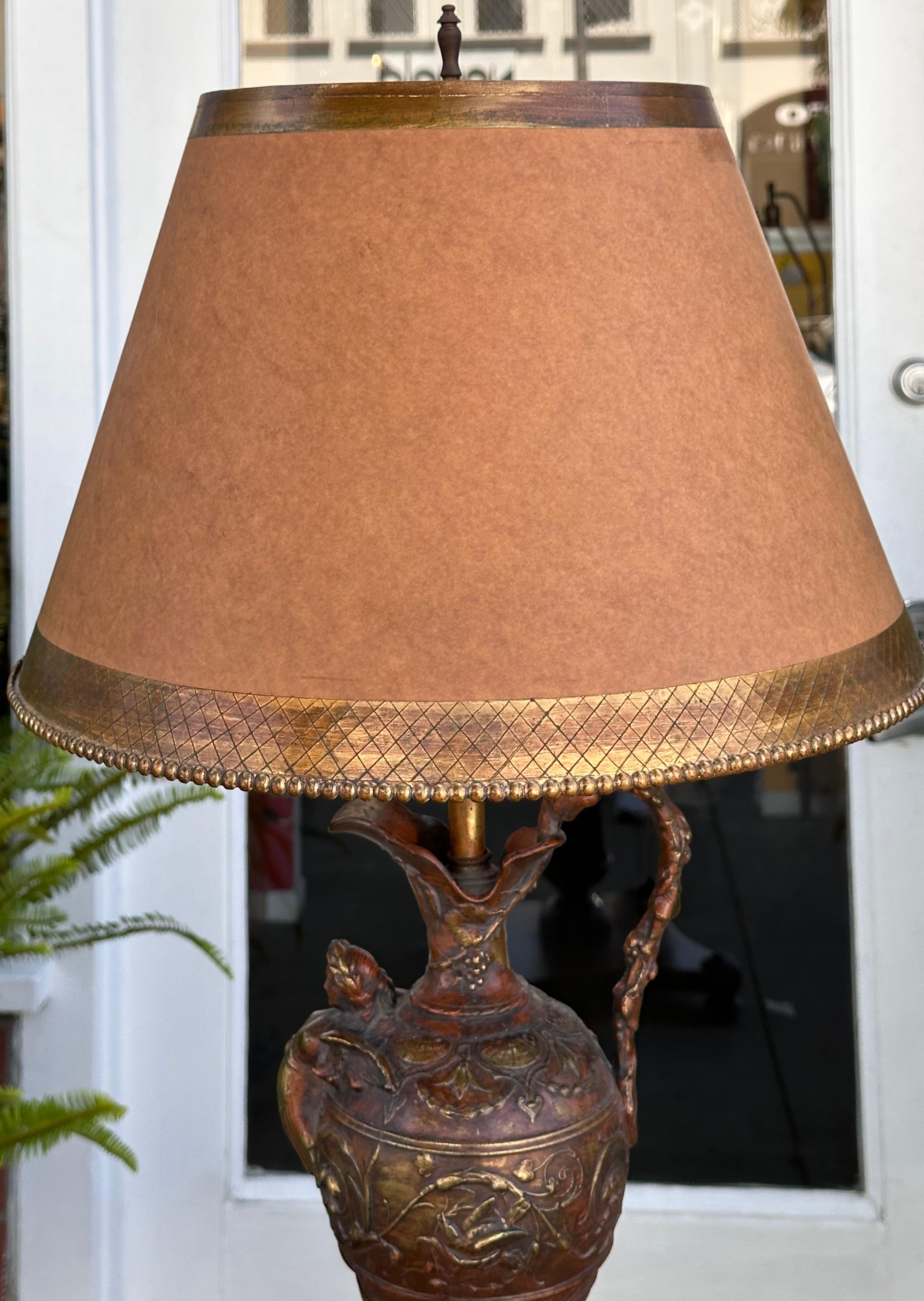 Antique Patinated Bronze Earn Form Marble Lamp With Custom Shade For Sale 1