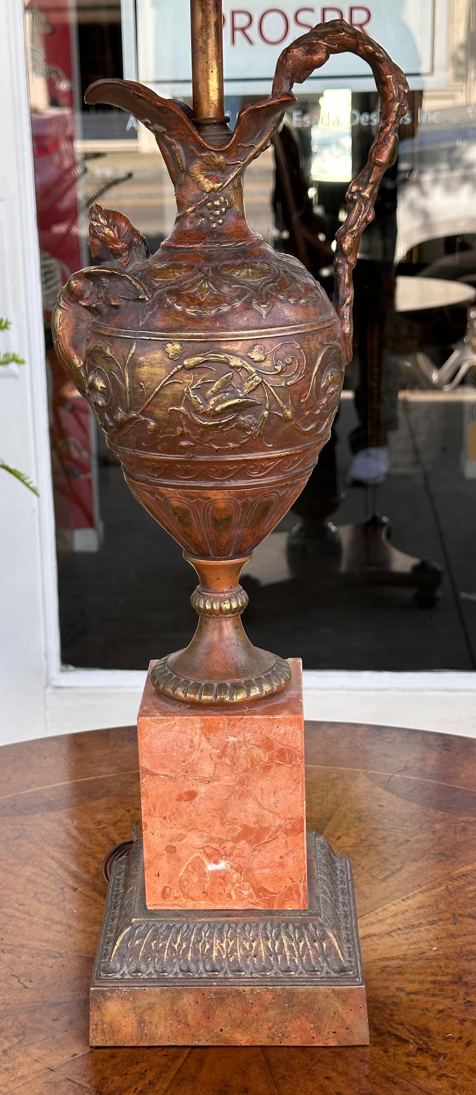 Antique Patinated Bronze Earn Form Marble Lamp With Custom Shade For Sale 2