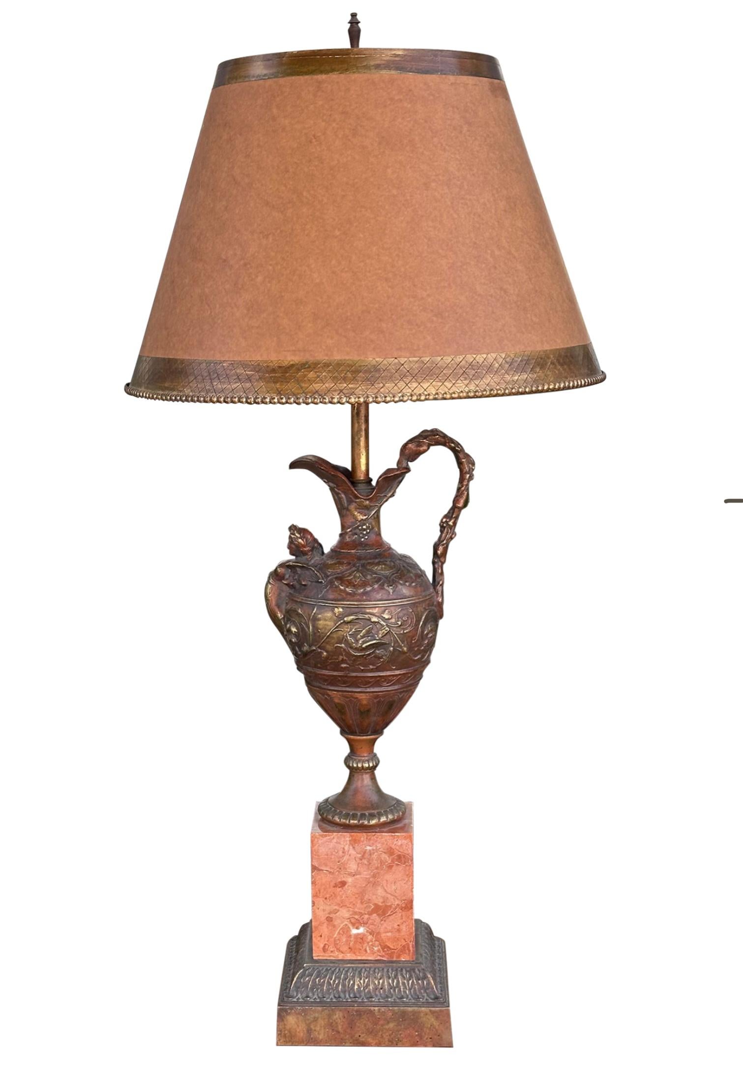 Antique Patinated Bronze Earn Form Marble Lamp With Custom Shade