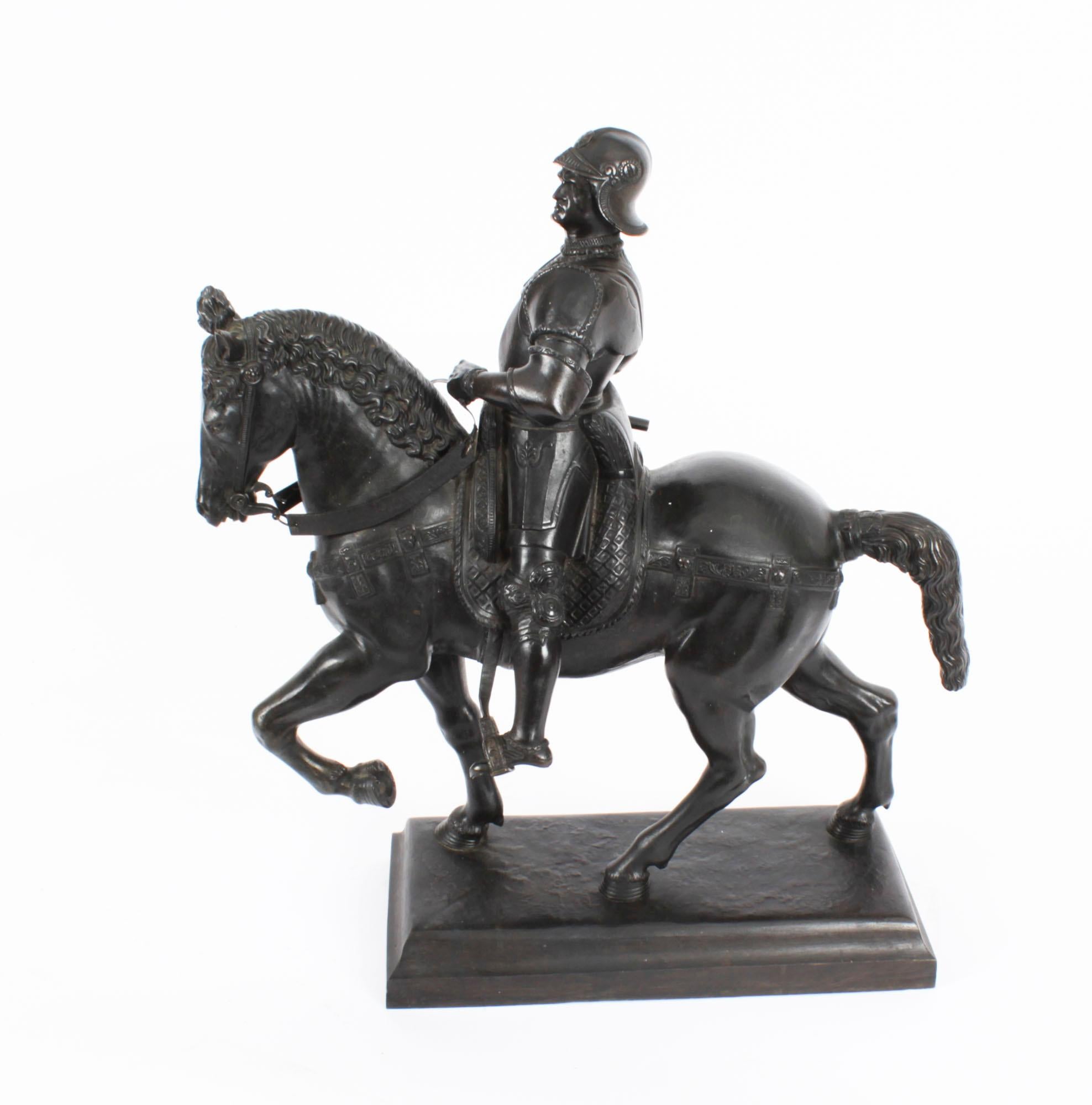Antike patinierte Bronze-Reiterstatue von Bartolomeo Colleoni, 1860, 19. Jahrhundert 7